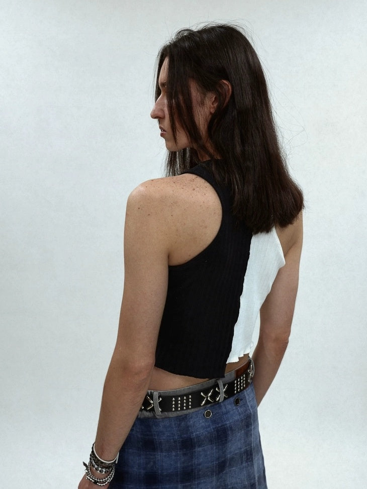 FULLTIDE Soft Cotton Stretch Slim Fit Office Chic Women Black White Colorblock Tank Top