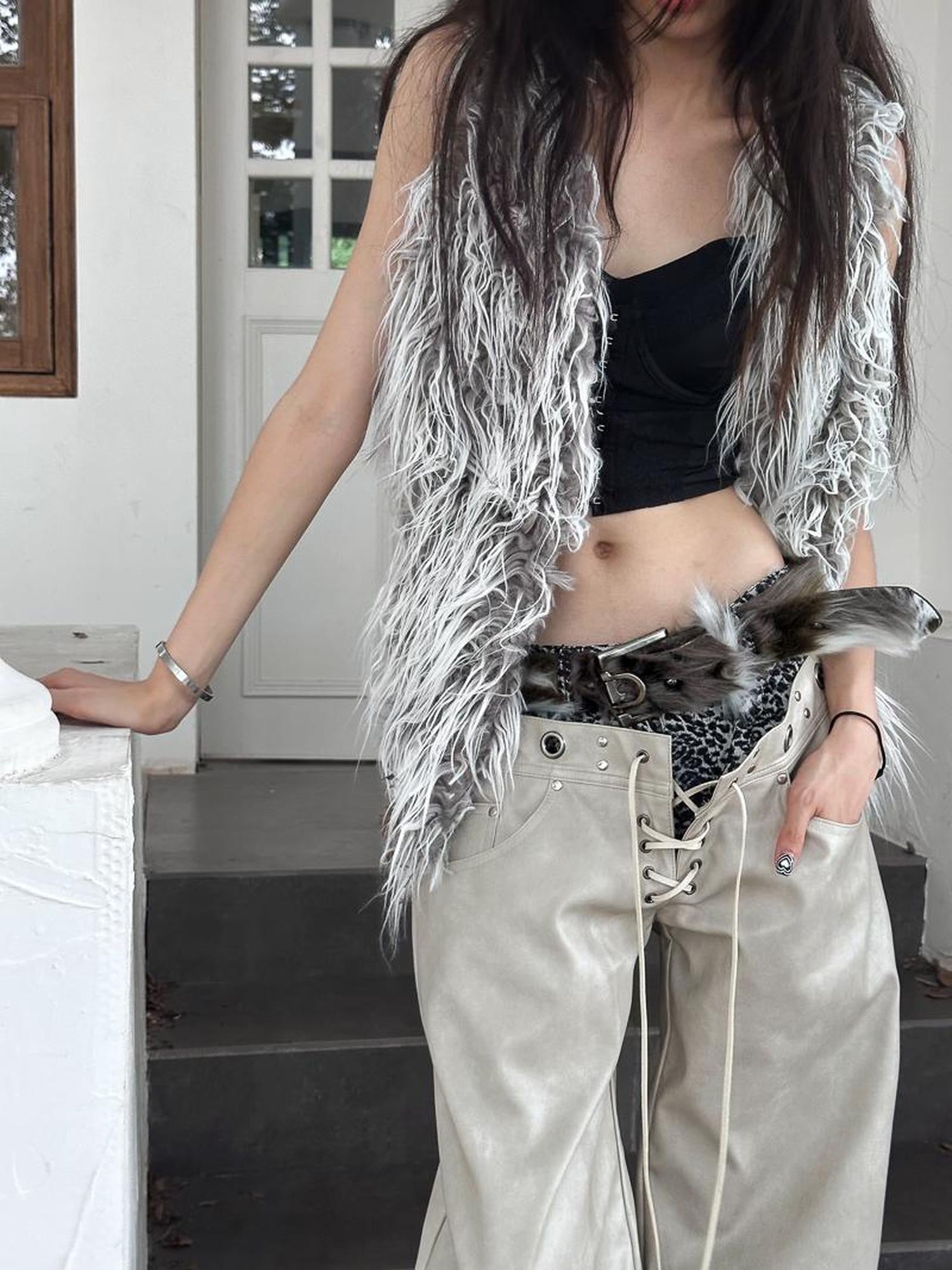 FULLTIDE Soft Faux Fur V Neck Cropped Street Style Women Grey White Khaki Gradient Vest