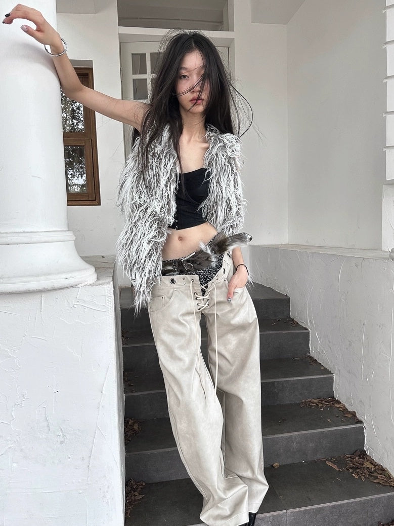 FULLTIDE Soft Faux Fur V Neck Cropped Street Style Women Grey White Khaki Gradient Vest