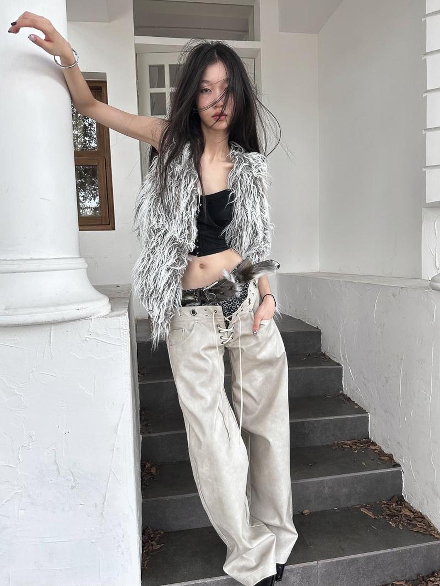 FULLTIDE Soft Faux Fur V Neck Cropped Street Style Women Grey White Khaki Gradient Vest
