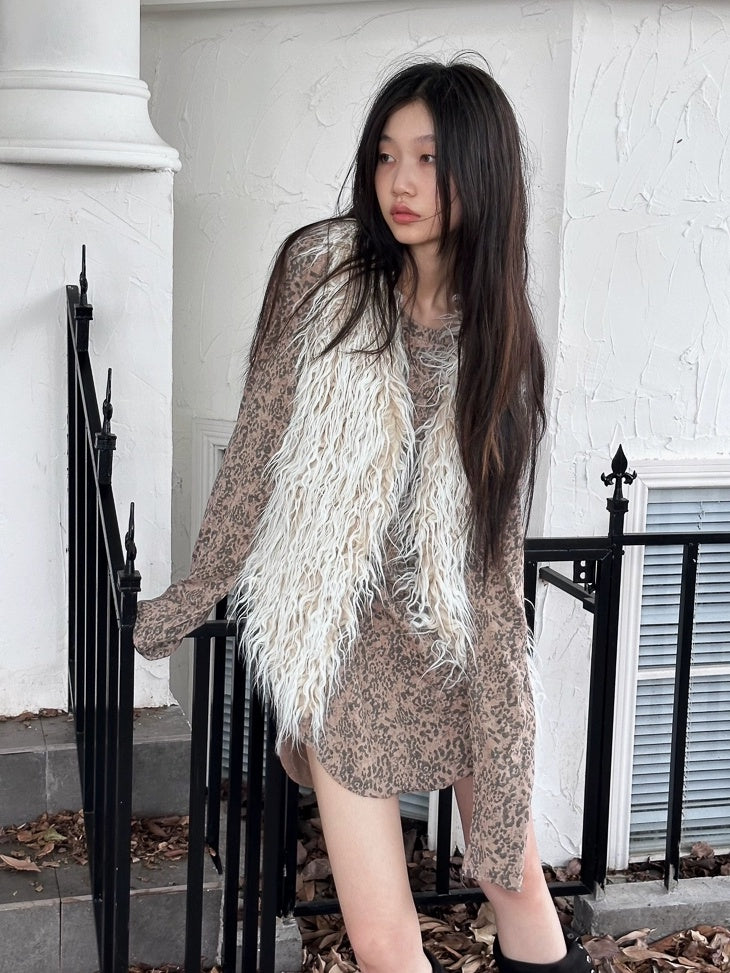 FULLTIDE Soft Faux Fur V Neck Cropped Street Style Women Grey White Khaki Gradient Vest