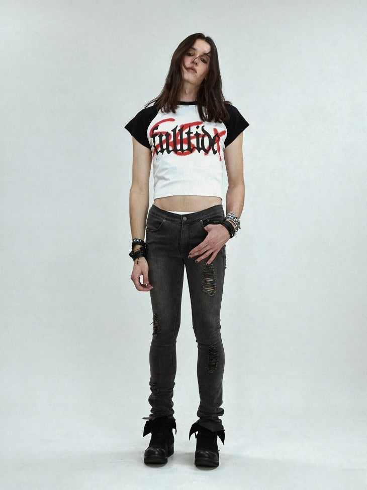 FULLTIDE Stretch Cotton Low Rise Pencil Fit Distressed Patchwork Women Zip Fly Jeans