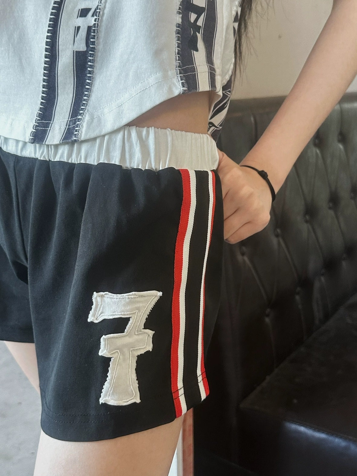 FULLTIDE Stretch Cotton Natural Waist Slight Flare Original Design Women Black Red Shorts