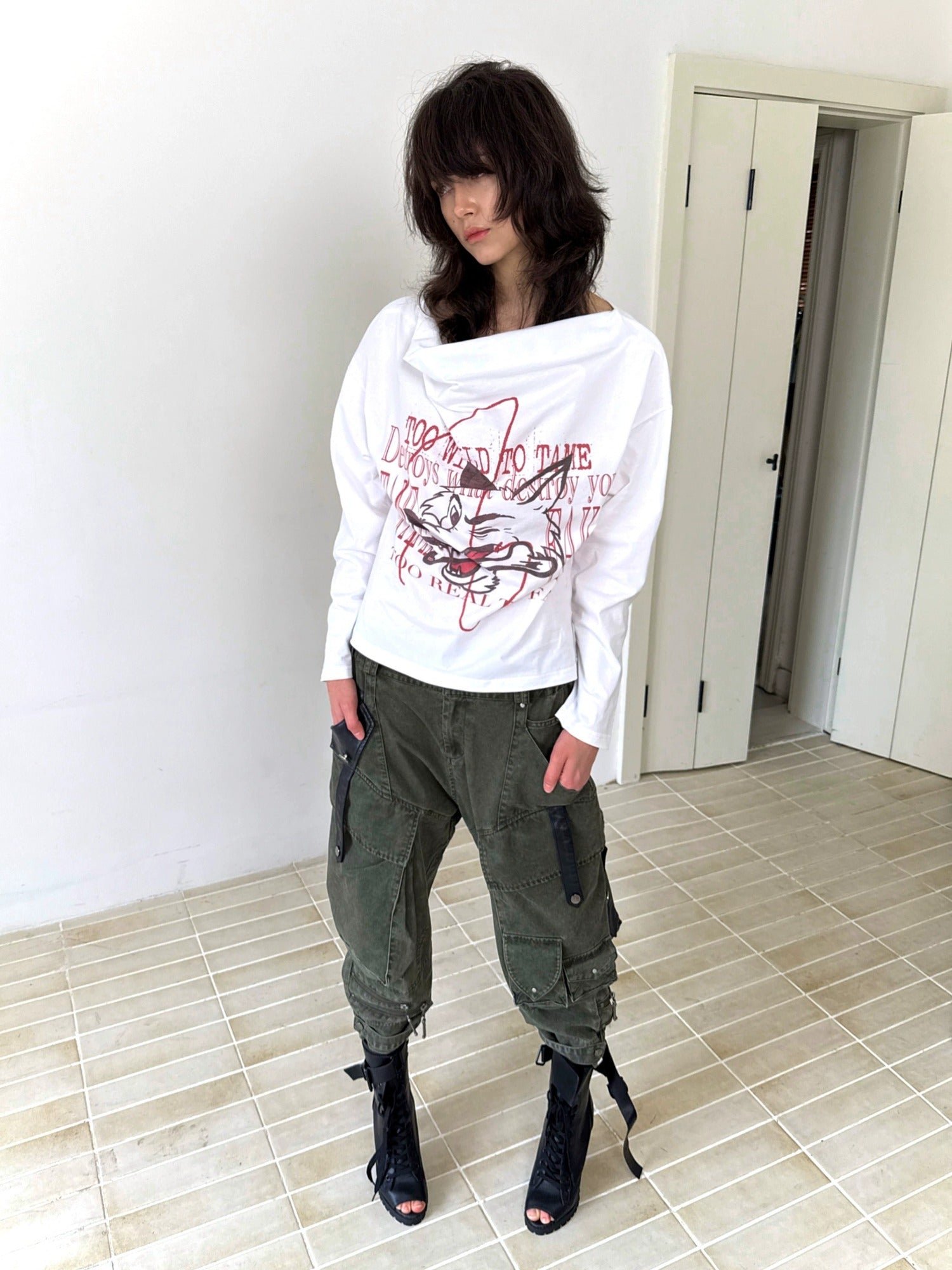 FULLTIDE Stretch Cotton Rayon Cargo Loose Natural Waist Zipper Pockets Women Pants