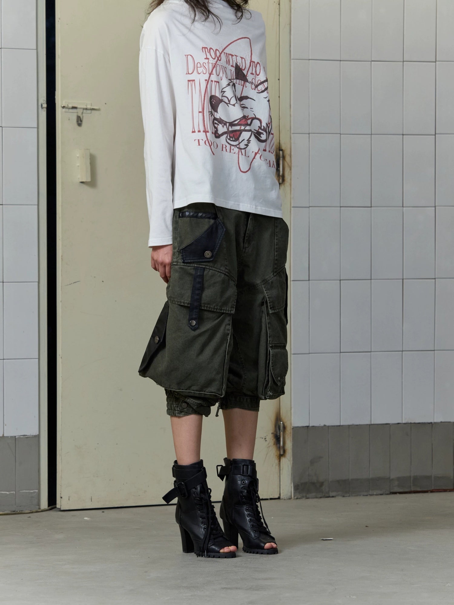 FULLTIDE Stretch Cotton Rayon Cargo Loose Natural Waist Zipper Pockets Women Pants