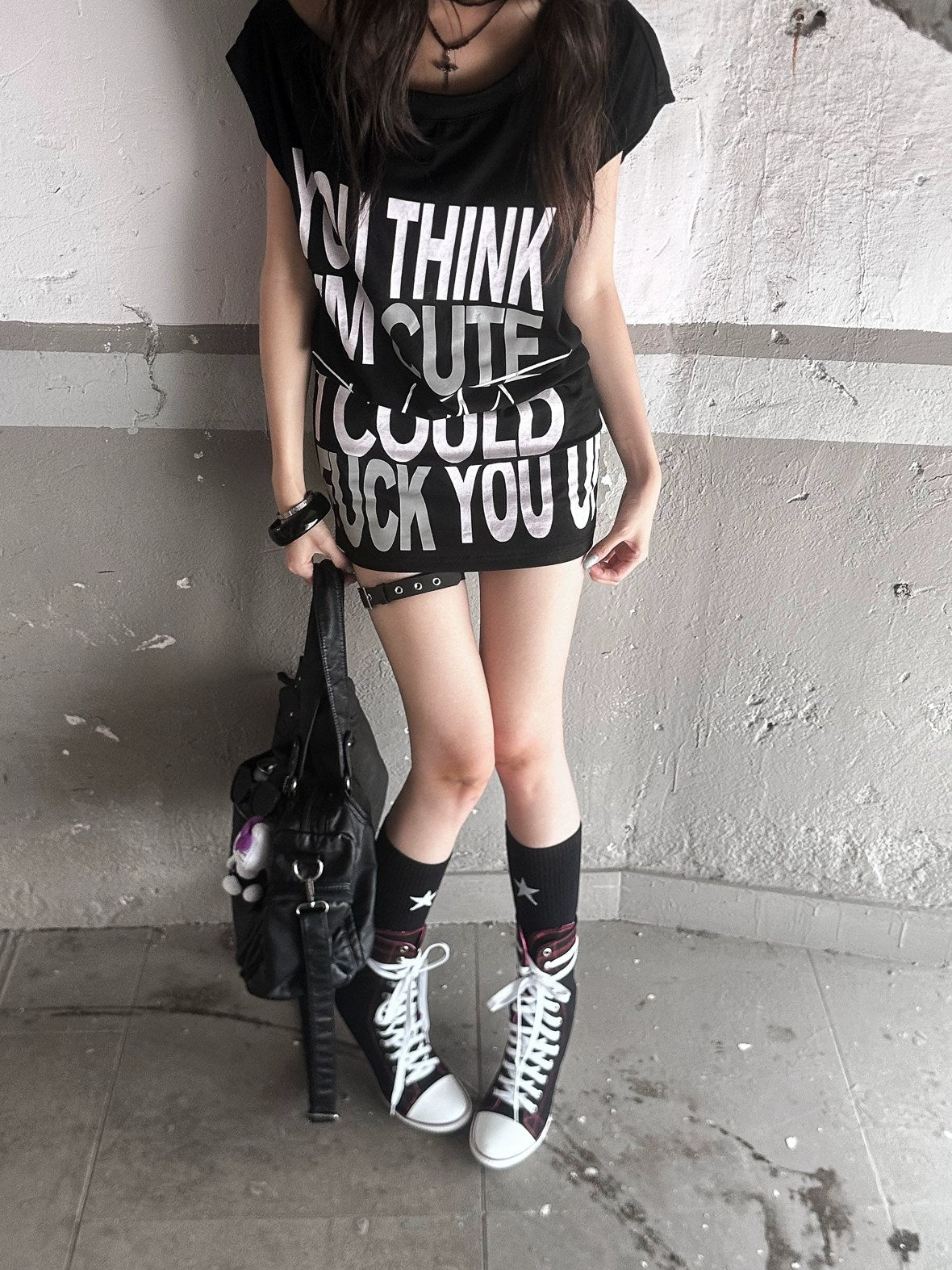 FULLTIDE Stretch Cotton Sleeveless Midlength Street Women Round Neck Black T-Shirt