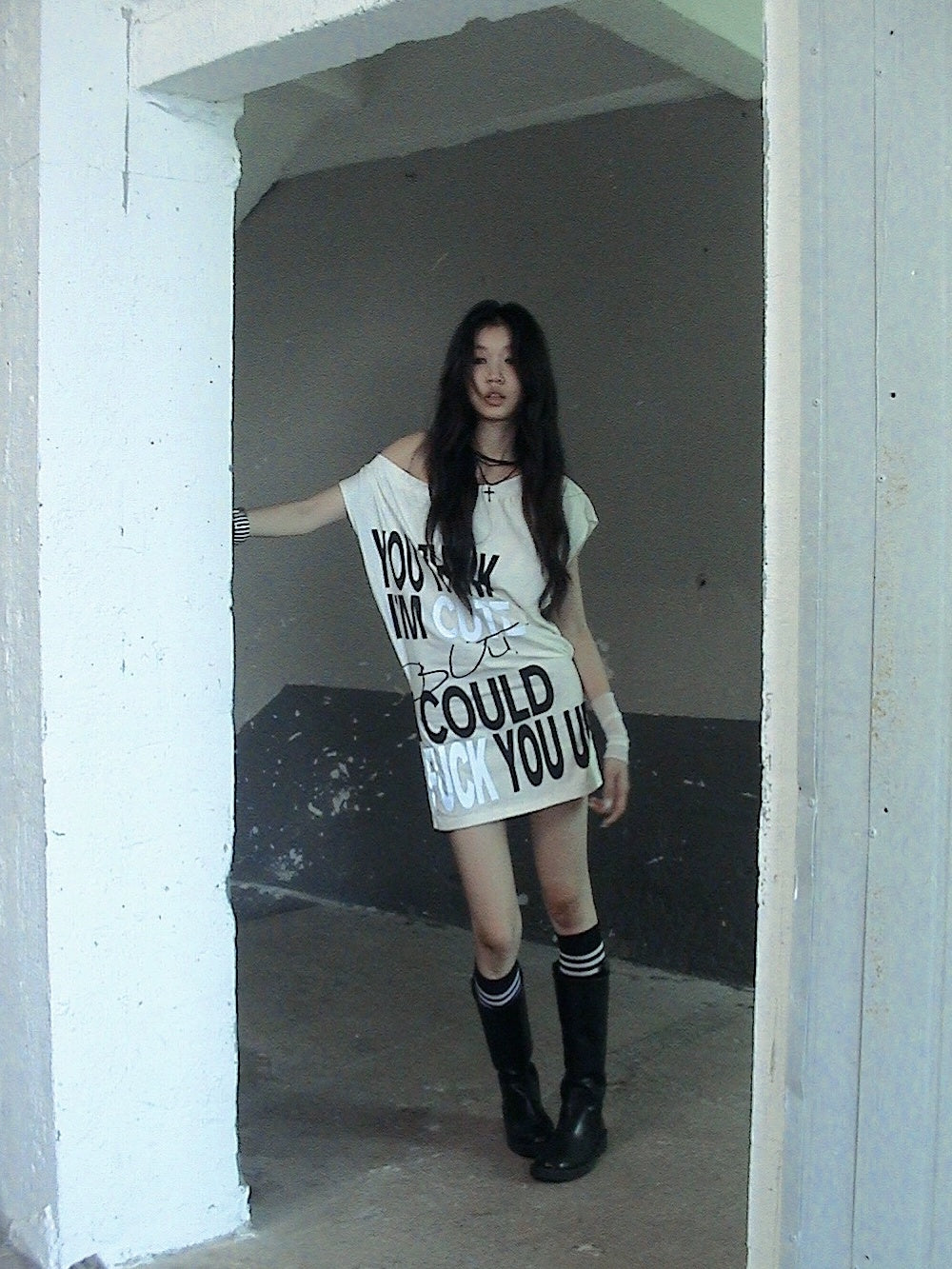 FULLTIDE Stretch Cotton Sleeveless Midlength Street Women Round Neck Black T-Shirt