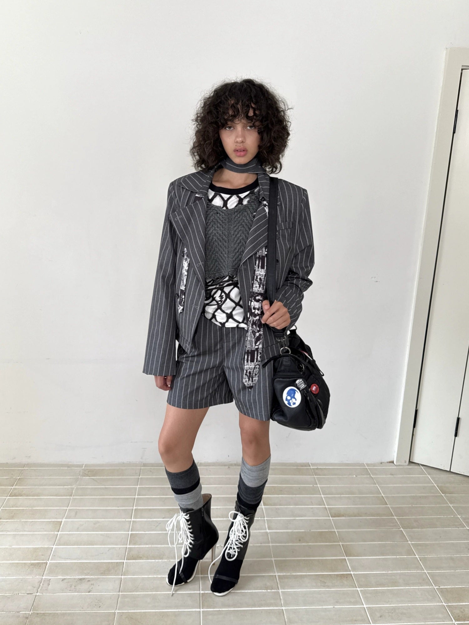 FULLTIDE Striped Button Detail Collegiate Natural Waist Commuter Polyester Shorts