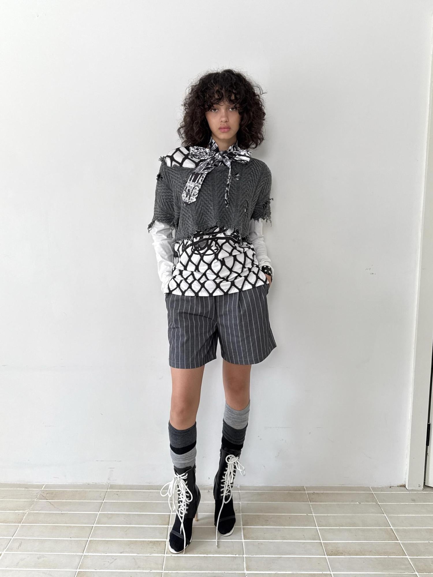 FULLTIDE Striped Button Detail Collegiate Natural Waist Commuter Polyester Shorts