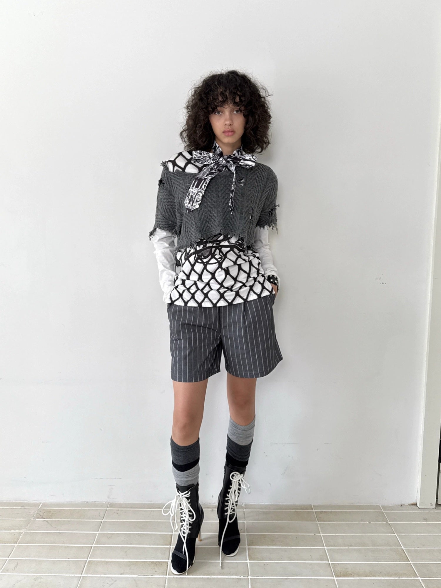 FULLTIDE Striped Button Detail Collegiate Natural Waist Commuter Polyester Shorts