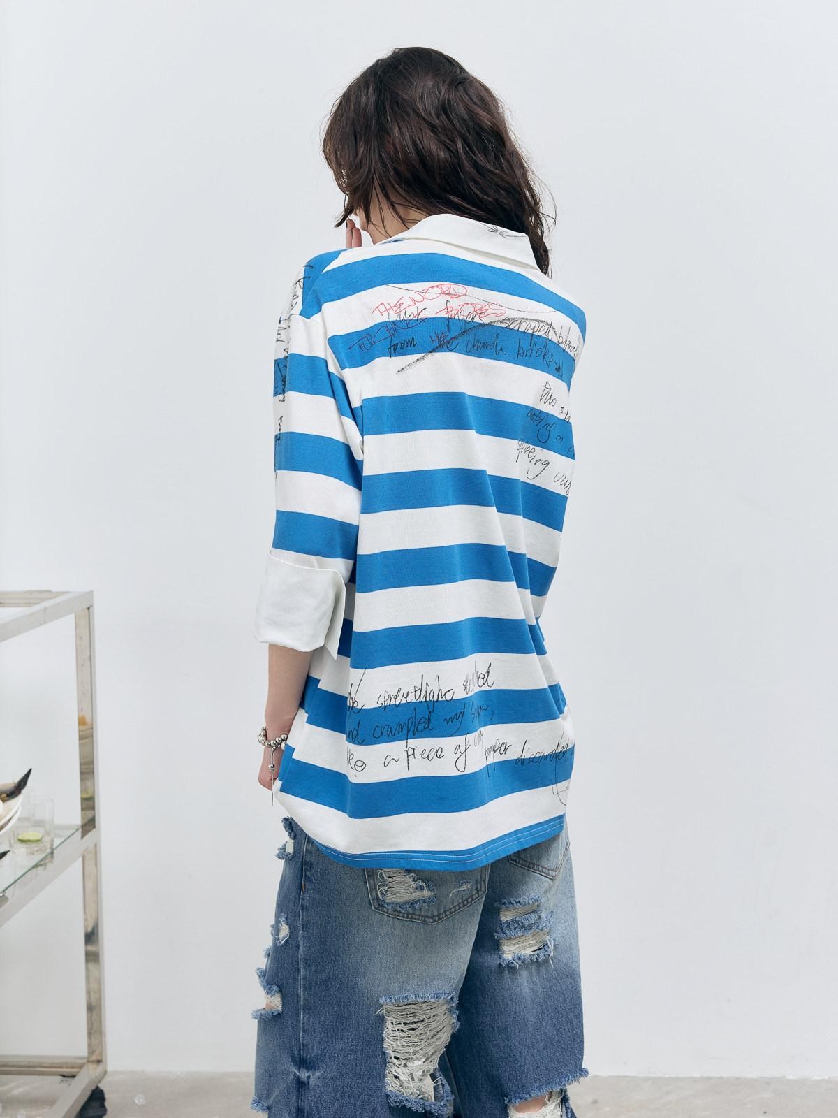 FULLTIDE Striped Graffiti Print Open Polo Collar Faux Two Piece Women&