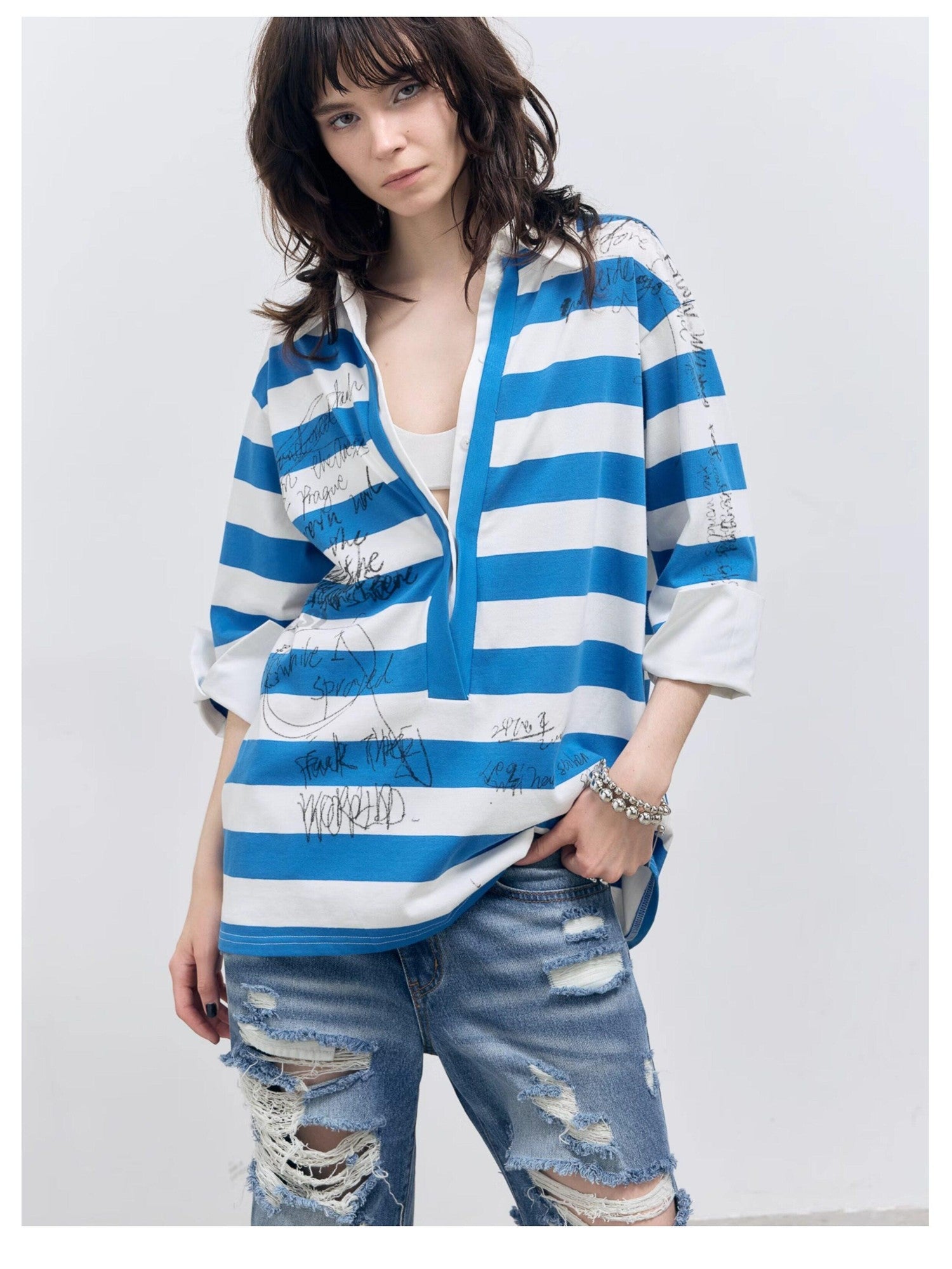 FULLTIDE Striped Graffiti Print Open Polo Collar Faux Two Piece Women&