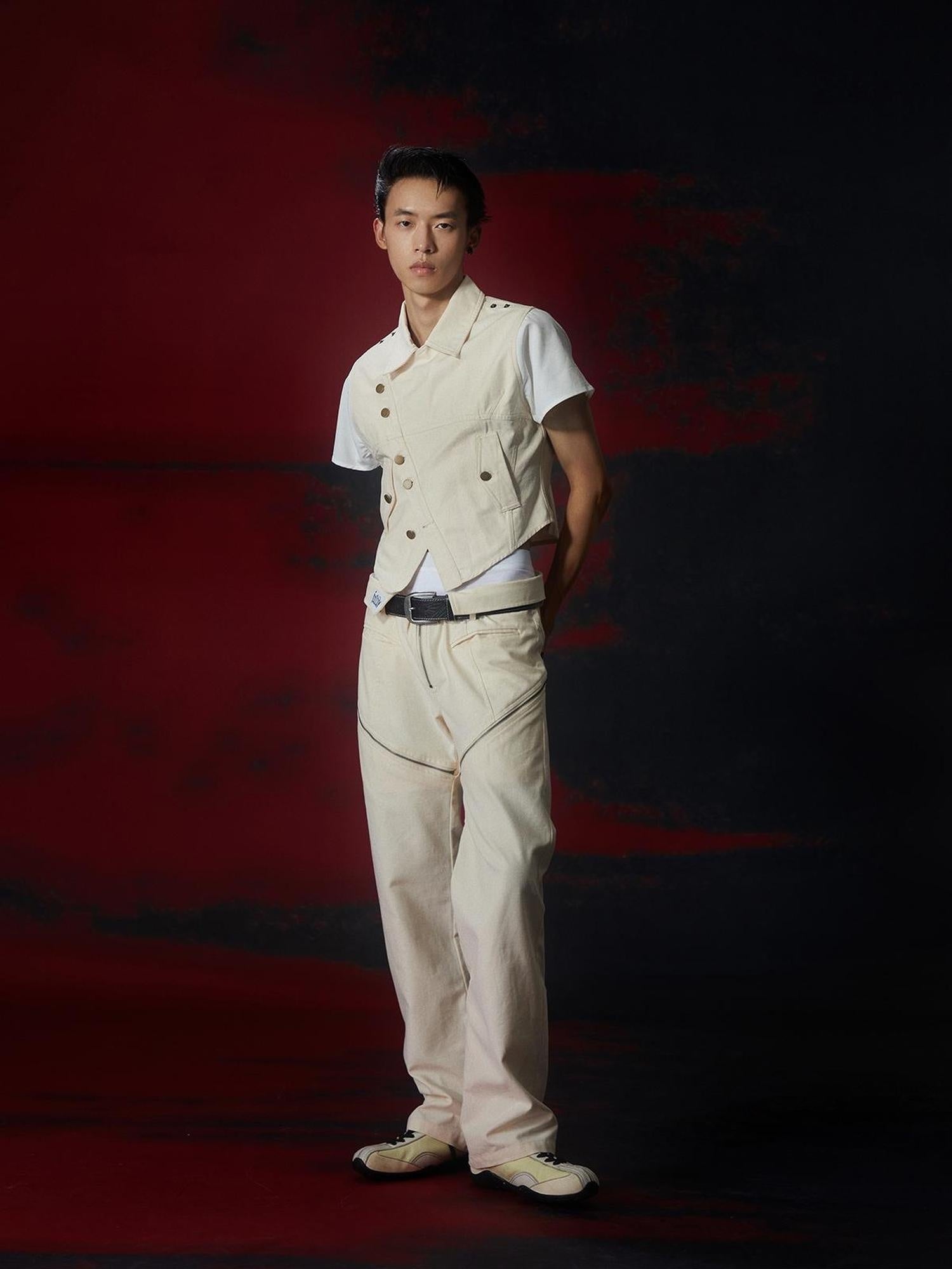 FULLTIDE Tailored Slim Fit Collared Lapel Youth Casual Off White Trendy Outerwear Vest