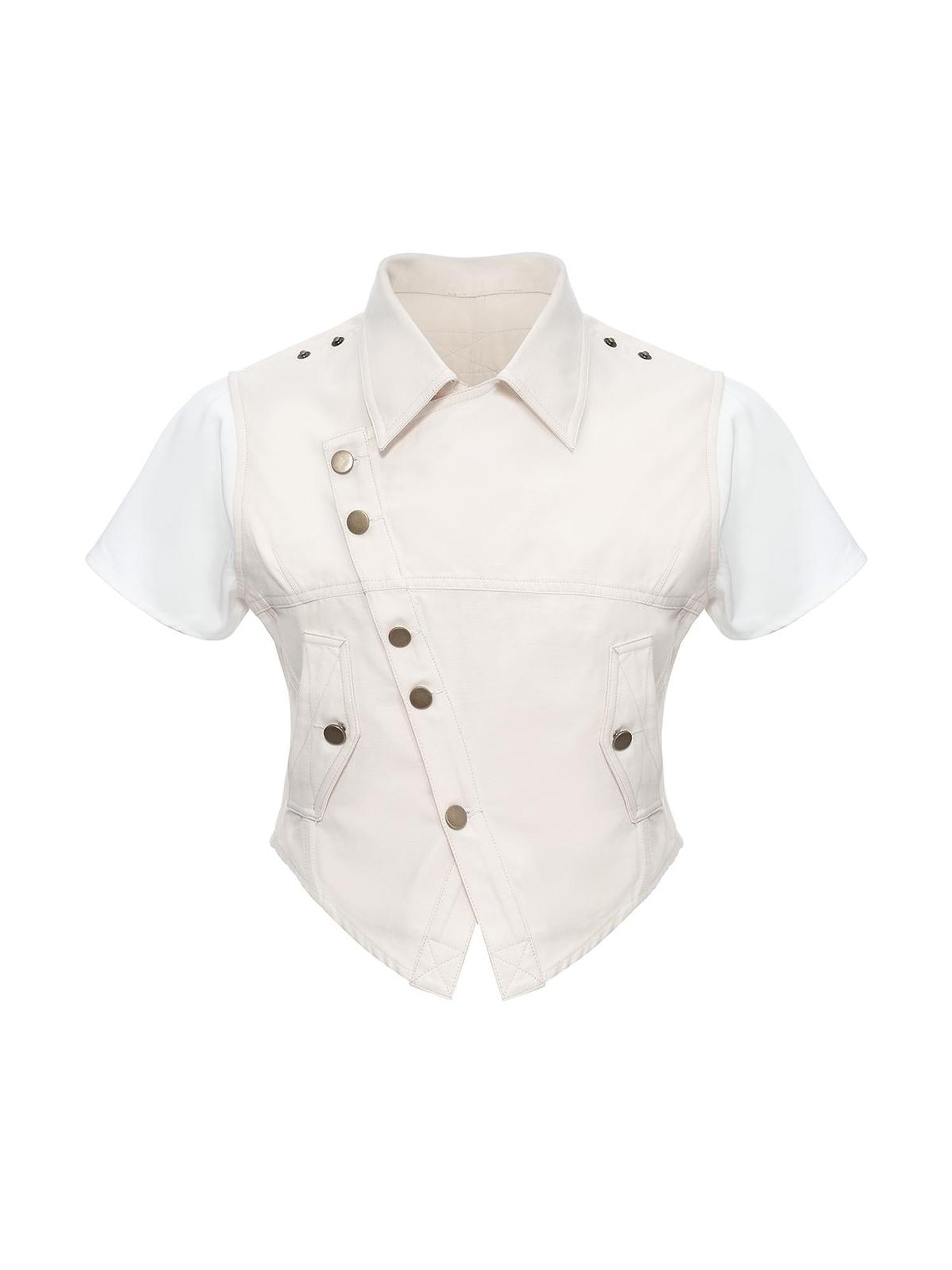 FULLTIDE Tailored Slim Fit Collared Lapel Youth Casual Off White Trendy Outerwear Vest