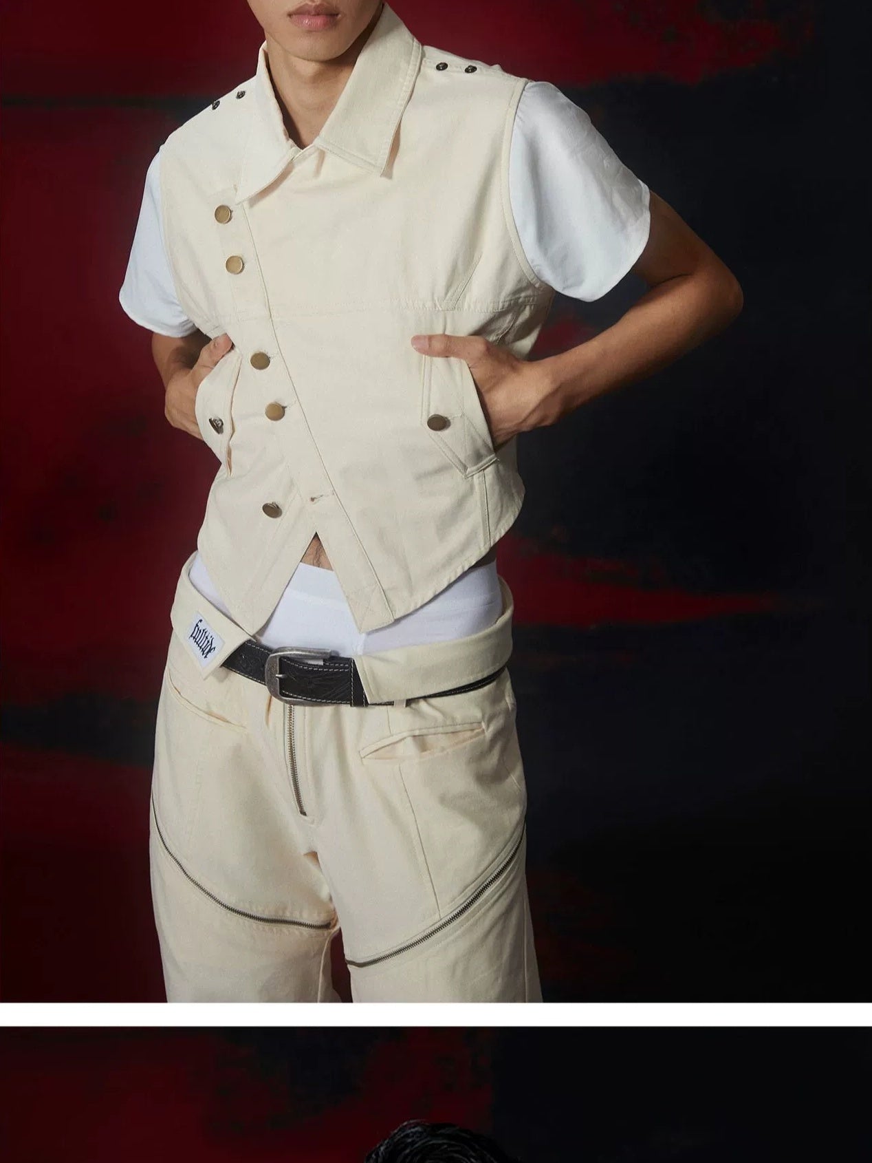 FULLTIDE Tailored Slim Fit Collared Lapel Youth Casual Off White Trendy Outerwear Vest