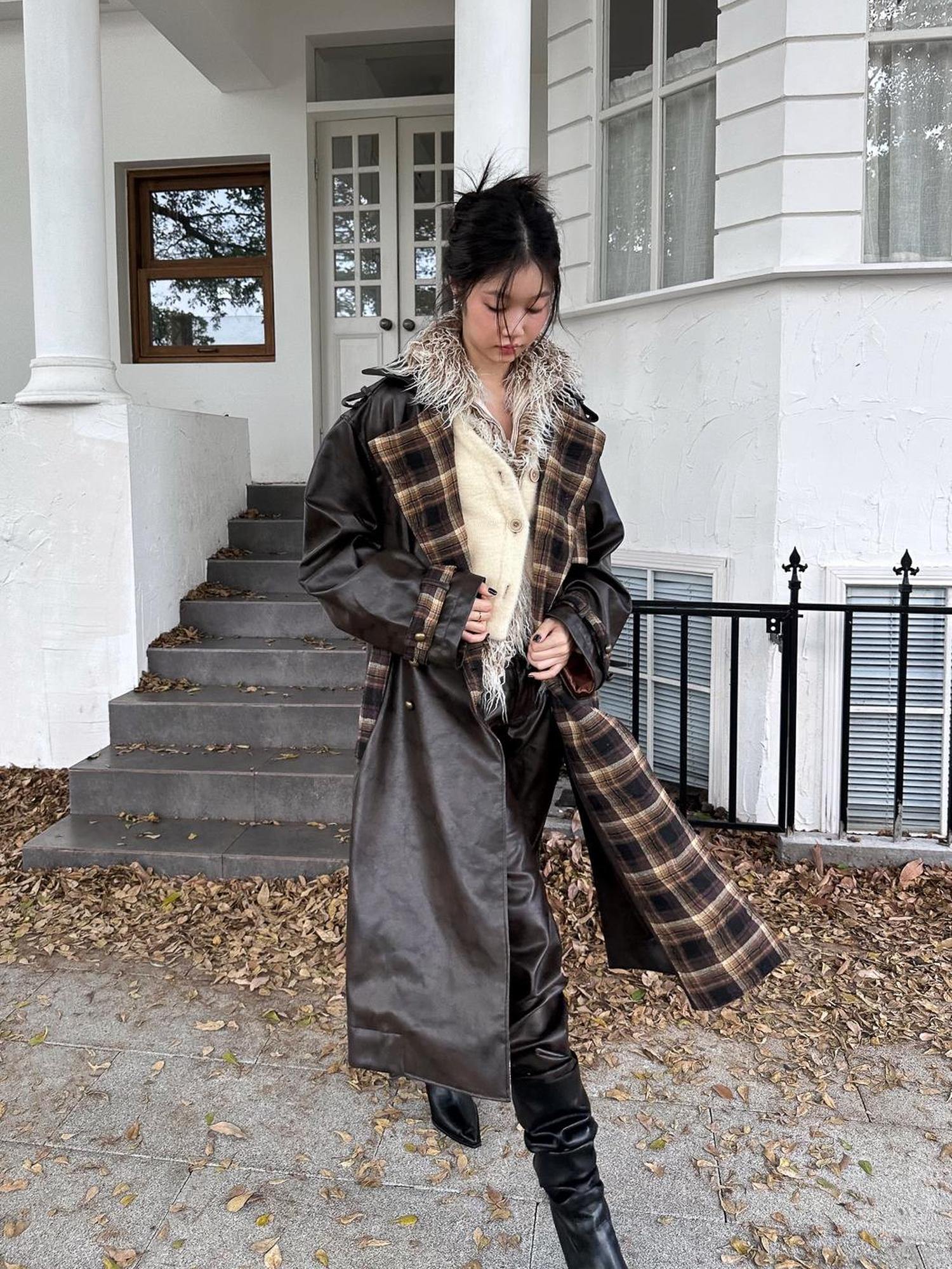 FULLTIDE Thick Double Breasted Notched Collar Long Plaid Women Viscose Pu Coat