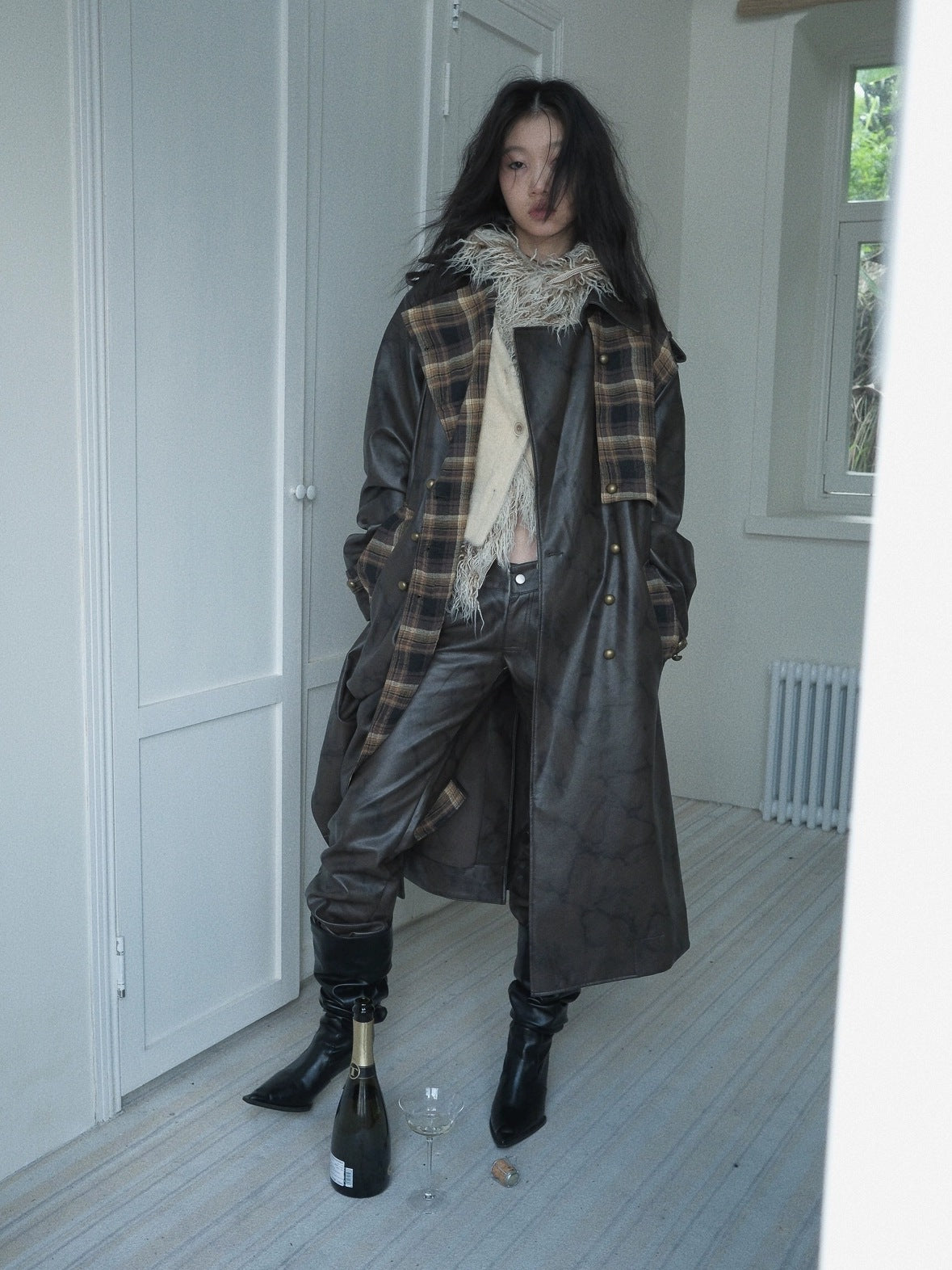 FULLTIDE Thick Double Breasted Notched Collar Long Plaid Women Viscose Pu Coat