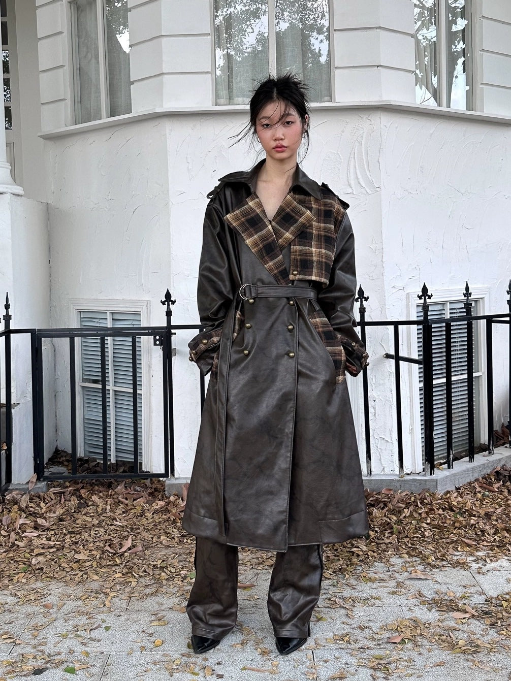 FULLTIDE Thick Double Breasted Notched Collar Long Plaid Women Viscose Pu Coat