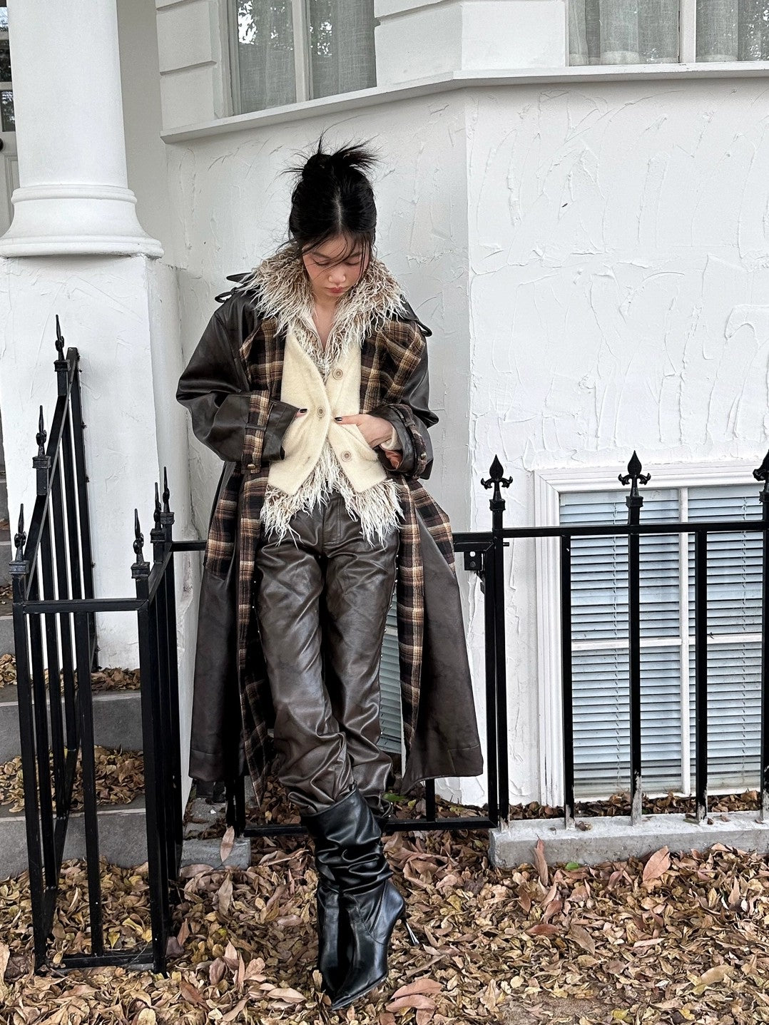 FULLTIDE Thick Double Breasted Notched Collar Long Plaid Women Viscose Pu Coat