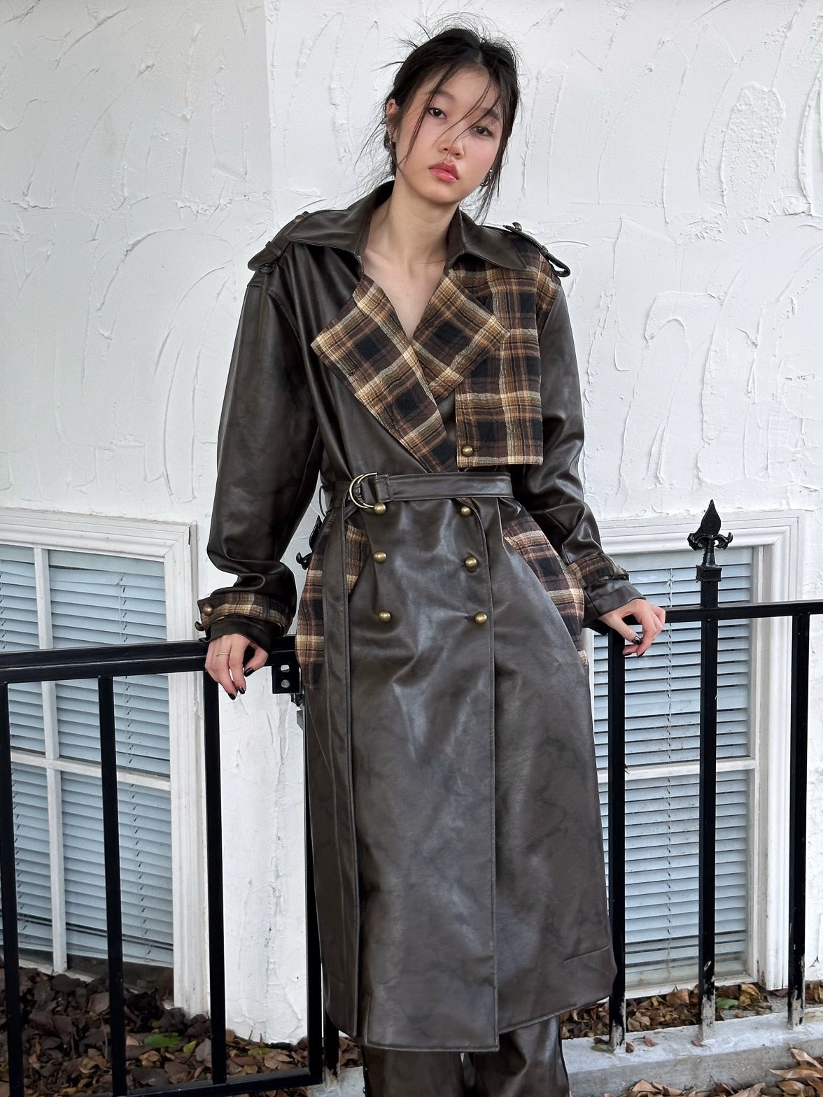 FULLTIDE Thick Double Breasted Notched Collar Long Plaid Women Viscose Pu Coat