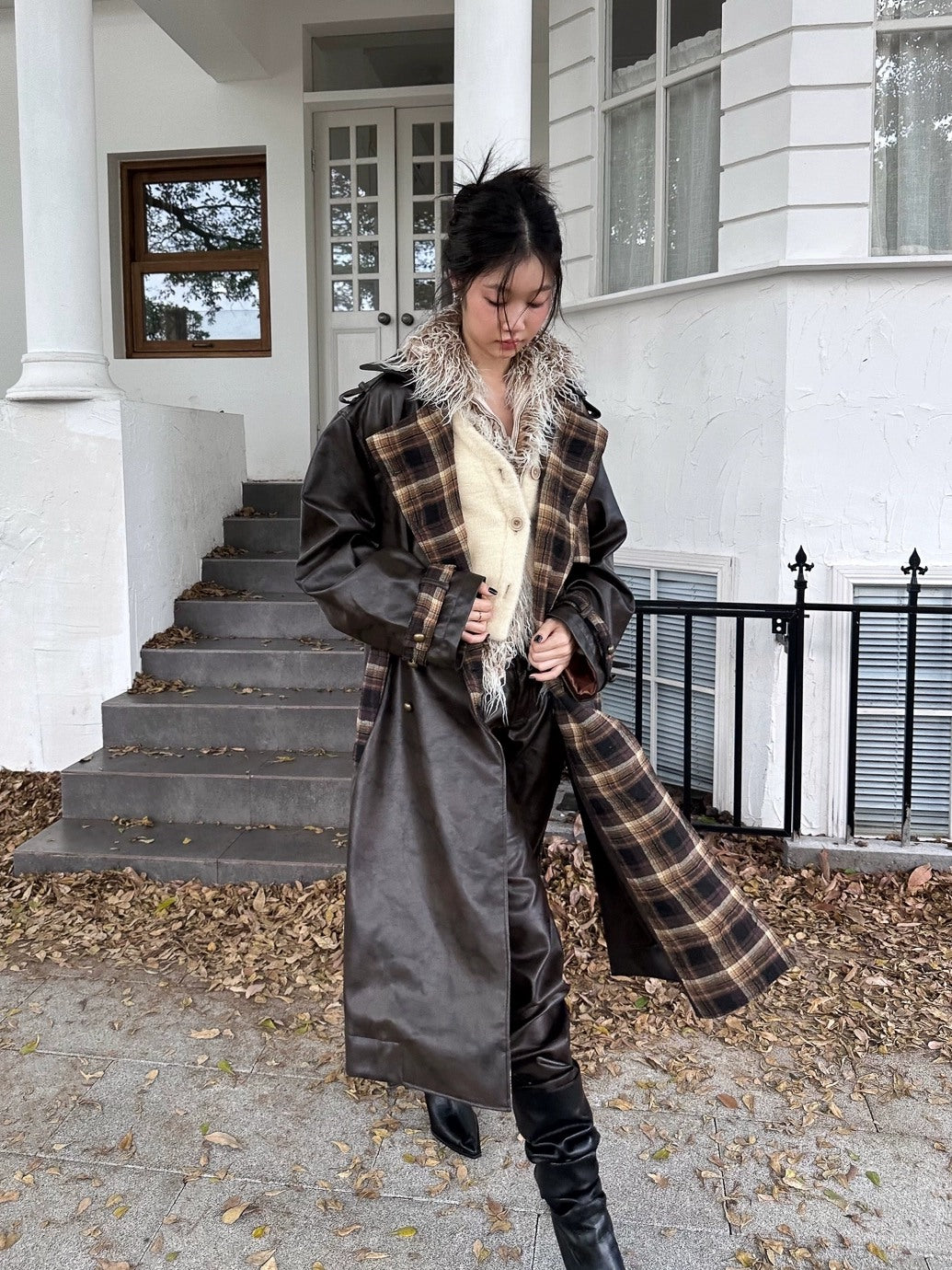 FULLTIDE Thick Double Breasted Notched Collar Long Plaid Women Viscose Pu Coat