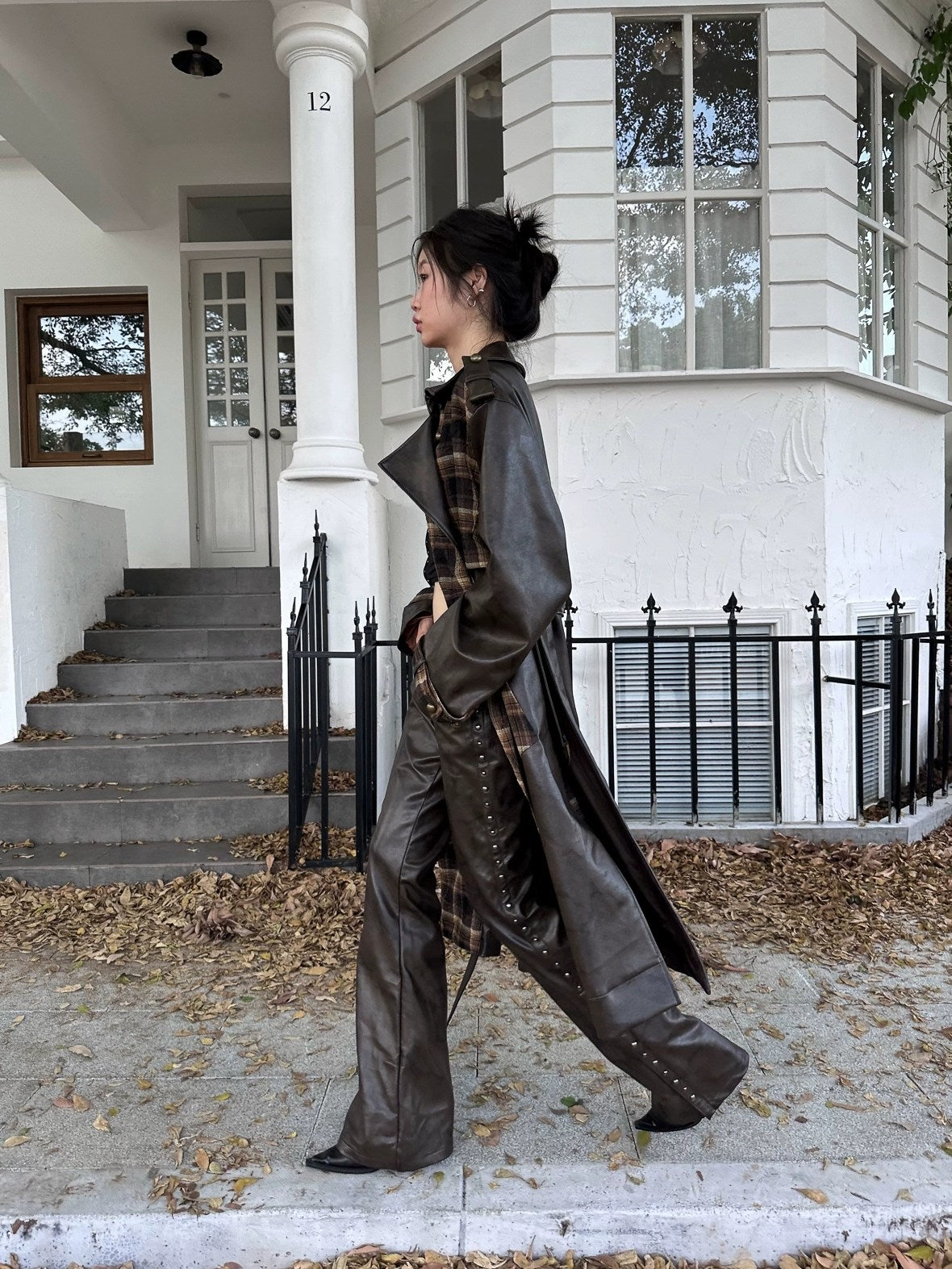 FULLTIDE Thick Double Breasted Notched Collar Long Plaid Women Viscose Pu Coat