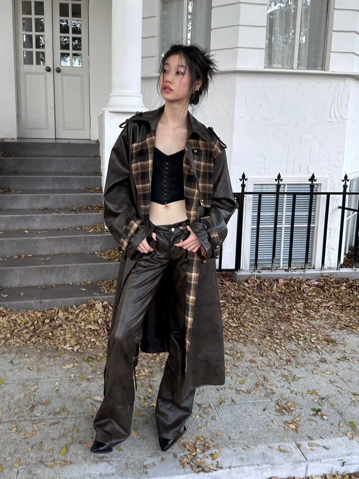 FULLTIDE Thick Double Breasted Notched Collar Long Plaid Women Viscose Pu Coat