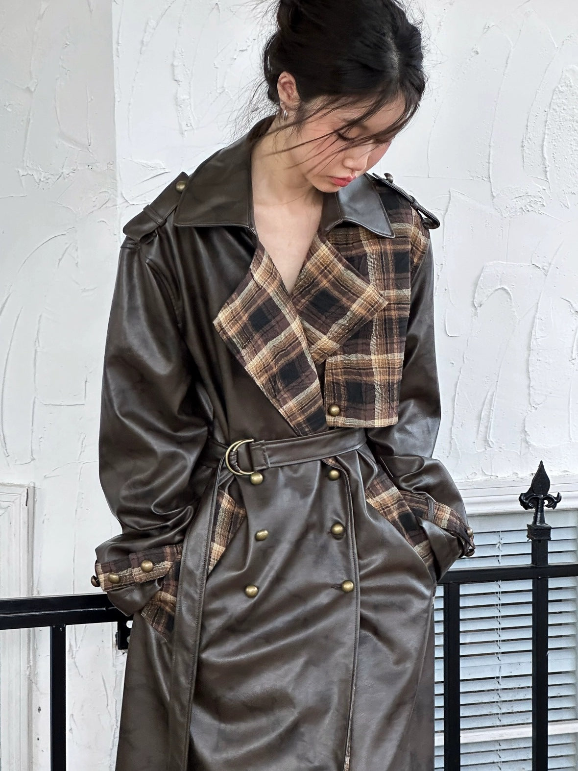 FULLTIDE Thick Double Breasted Notched Collar Long Plaid Women Viscose Pu Coat