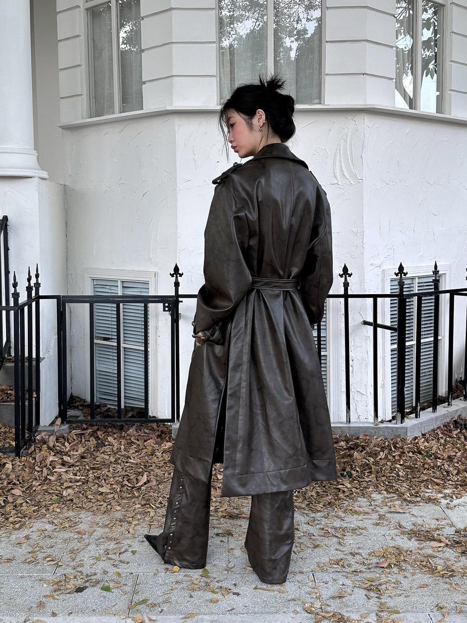 FULLTIDE Thick Double Breasted Notched Collar Long Plaid Women Viscose Pu Coat