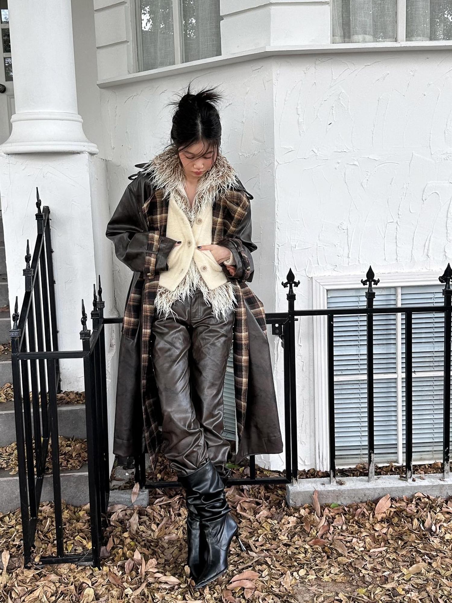 FULLTIDE Thick Double Breasted Notched Collar Long Plaid Women Viscose Pu Coat