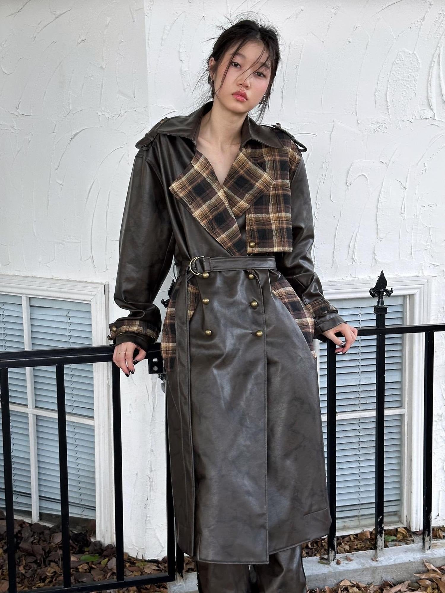 FULLTIDE Thick Double Breasted Notched Collar Long Plaid Women Viscose Pu Coat