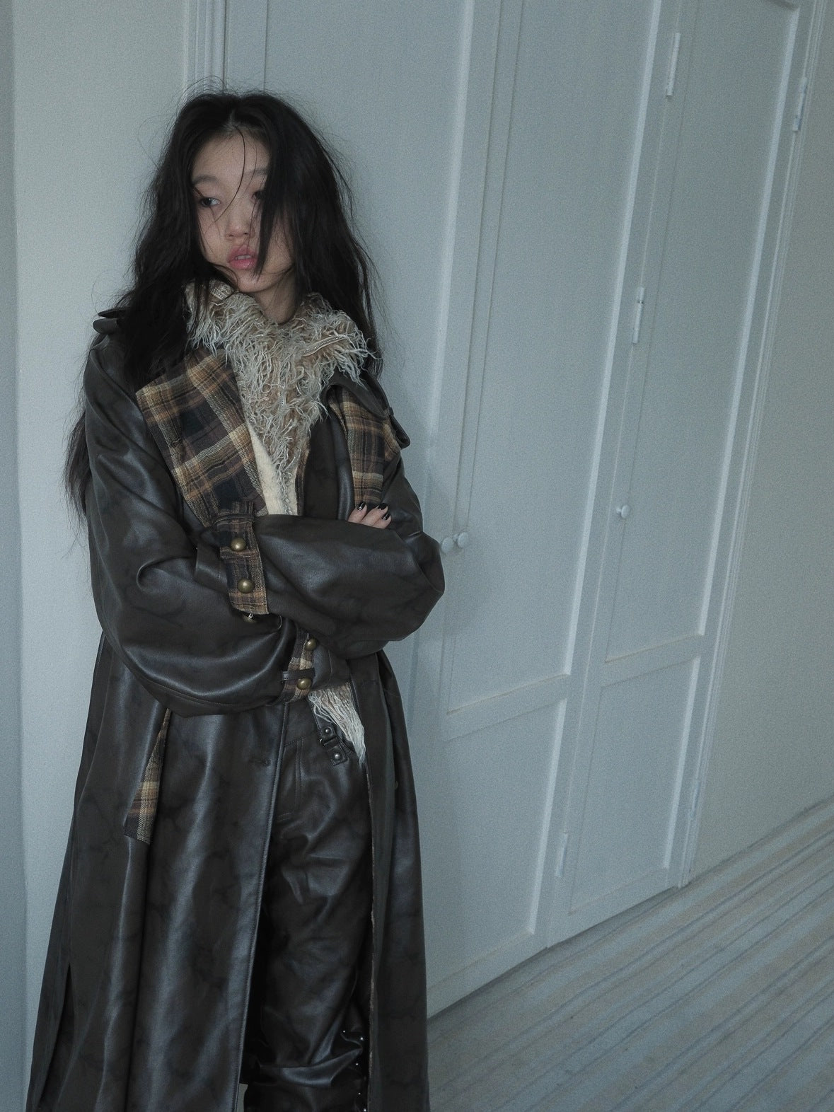 FULLTIDE Thick Double Breasted Notched Collar Long Plaid Women Viscose Pu Coat