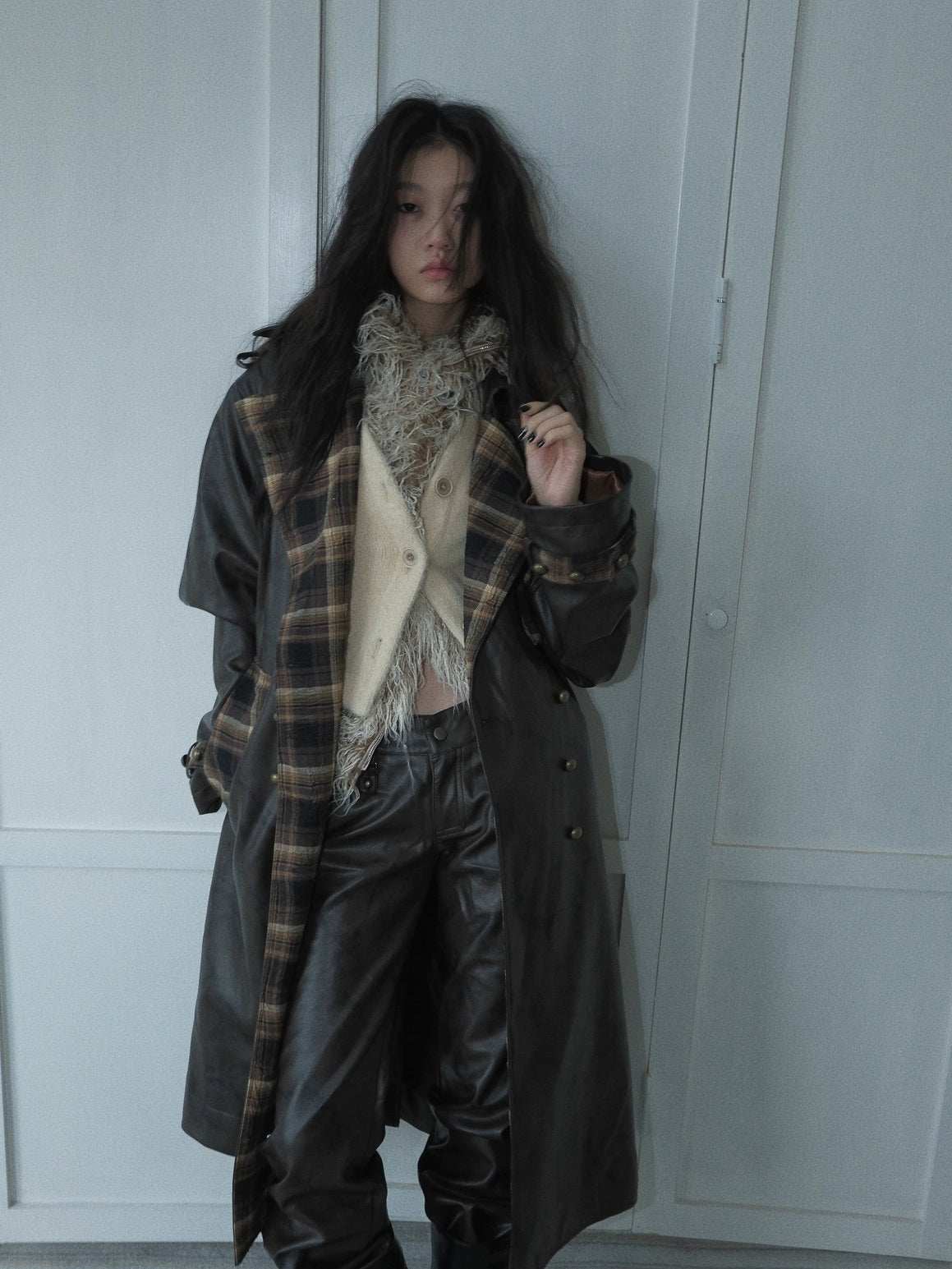 FULLTIDE Thick Double Breasted Notched Collar Long Plaid Women Viscose Pu Coat