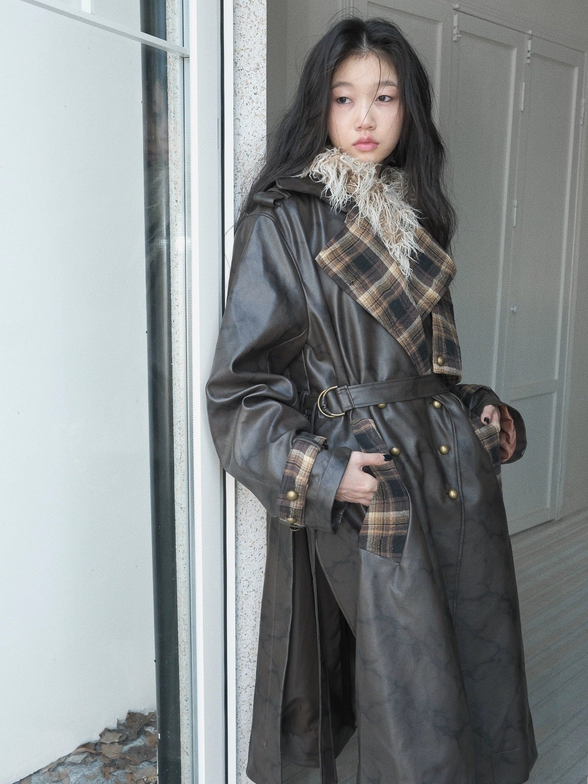 FULLTIDE Thick Double Breasted Notched Collar Long Plaid Women Viscose Pu Coat