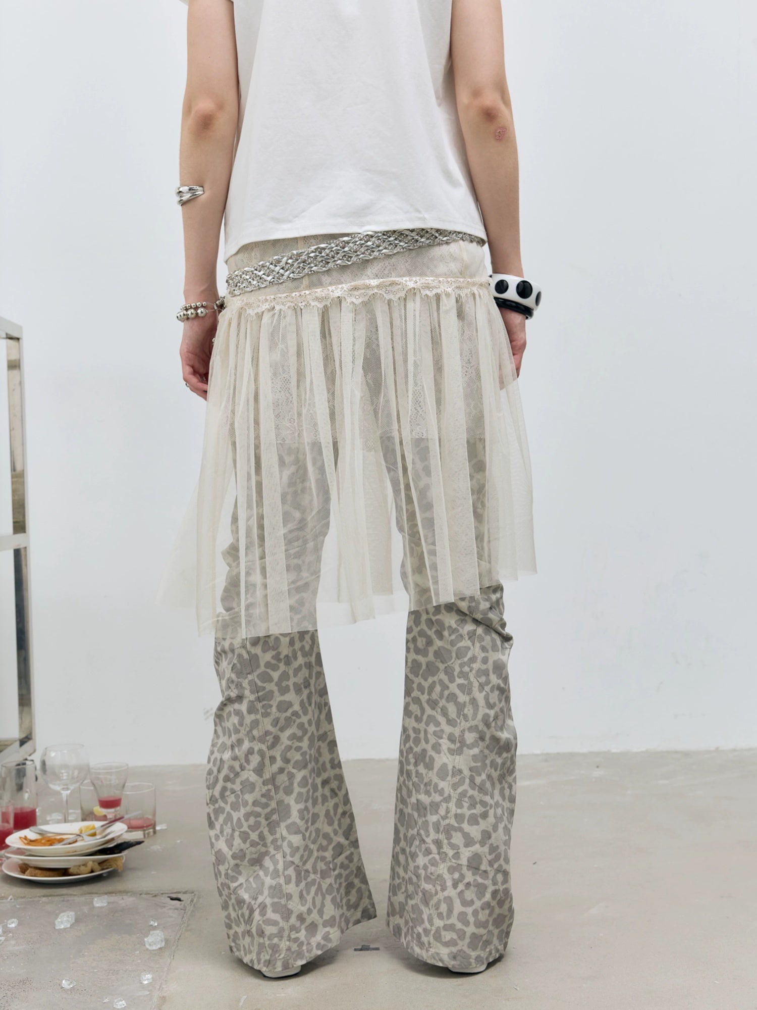 FULLTIDE Versatile Low Waist A Line Leopard Print Light Khaki Polyester Women Midi Skirt