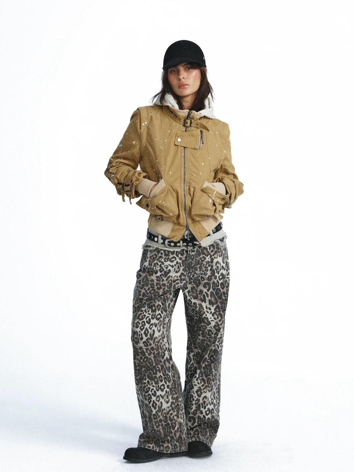 FULLTIDE Vintage Leopard Print Distressed Double Waist Women&