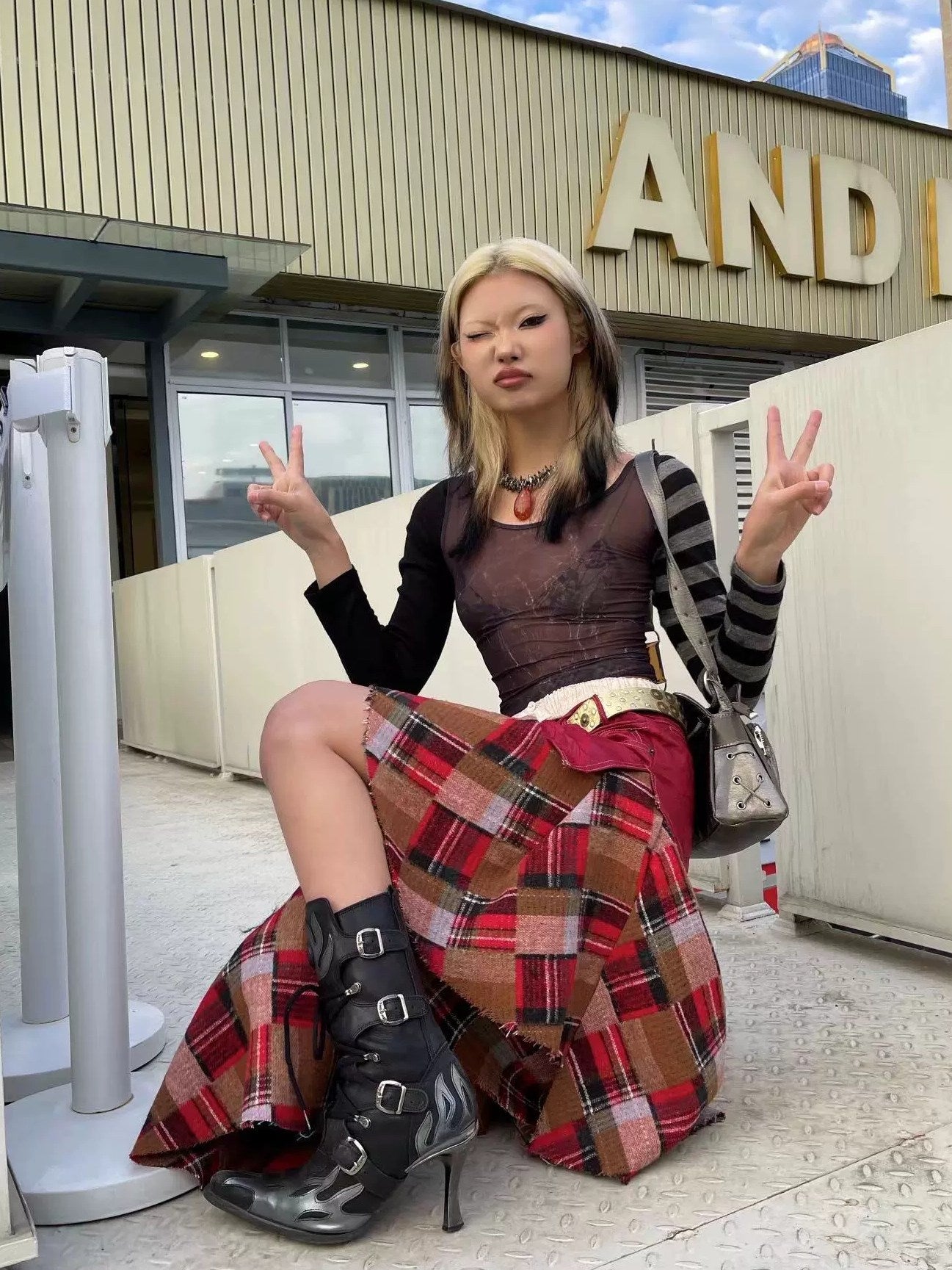 FULLTIDE Vintage Plaid Velvet Patchwork A Line Mid Rise Office Women Midi Skirt