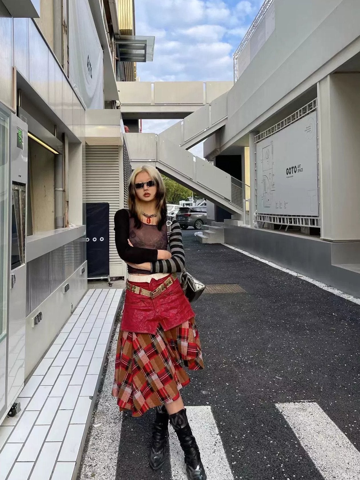 FULLTIDE Vintage Plaid Velvet Patchwork A Line Mid Rise Office Women Midi Skirt