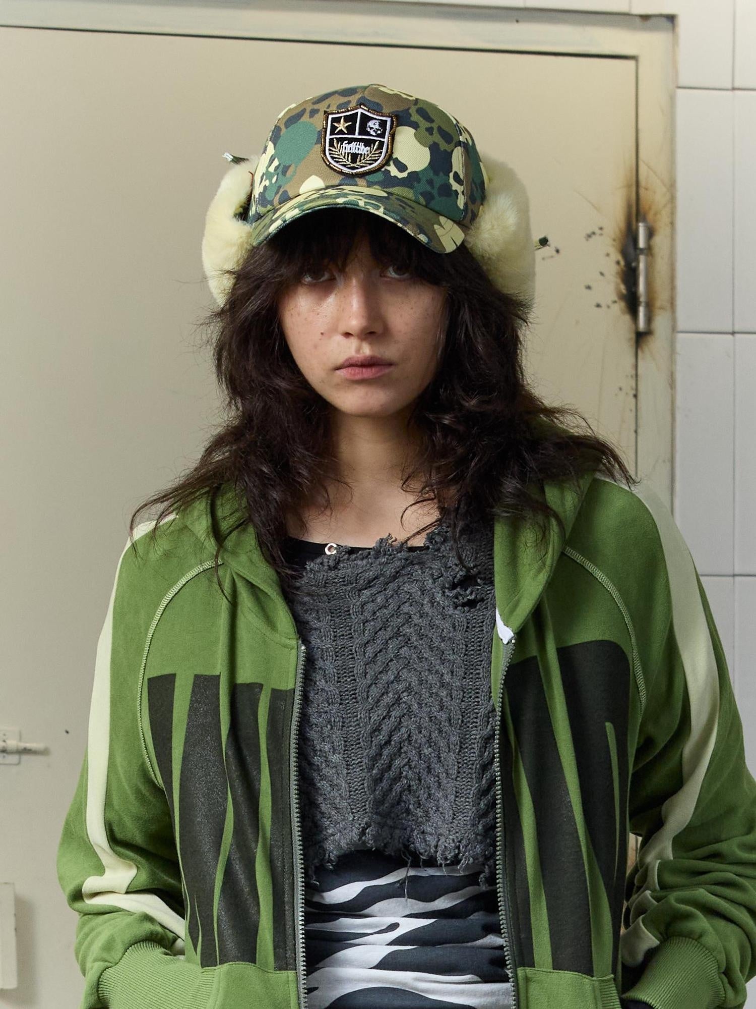 FULLTIDE Warm Thick Camouflage Wide Brim Distressed Cotton Zipper Unisex Hat