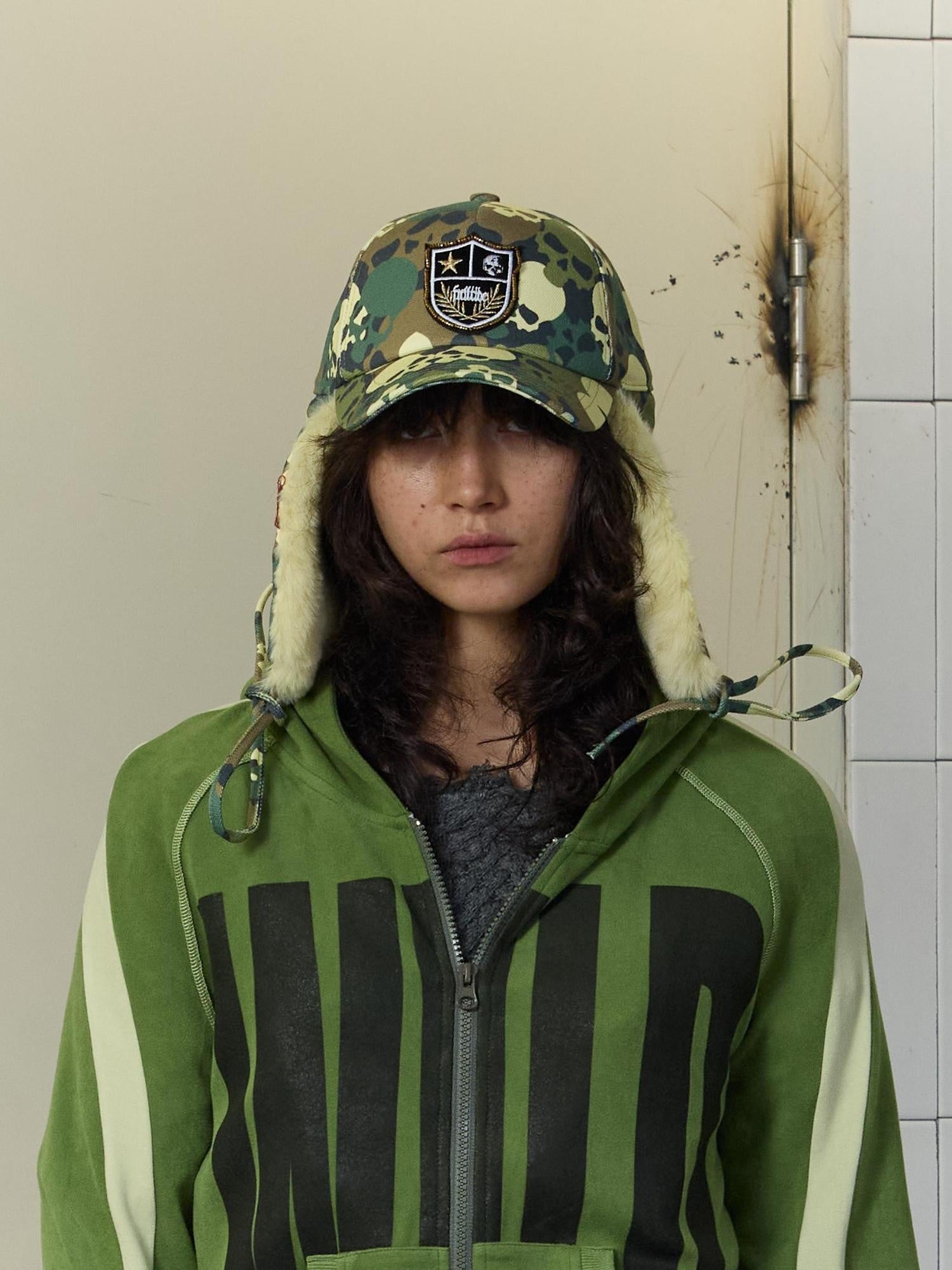 FULLTIDE Warm Thick Camouflage Wide Brim Distressed Cotton Zipper Unisex Hat