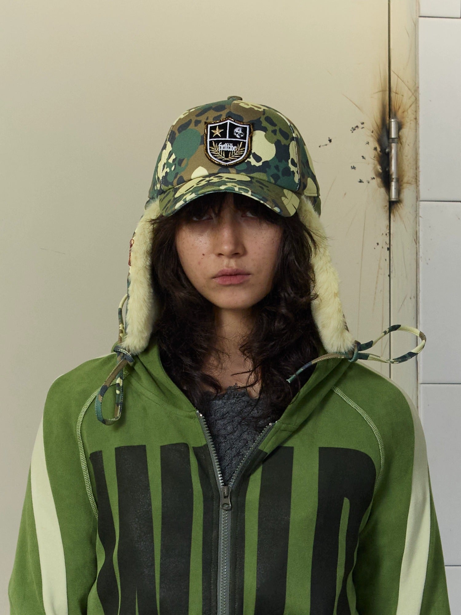 FULLTIDE Warm Thick Camouflage Wide Brim Distressed Cotton Zipper Unisex Hat