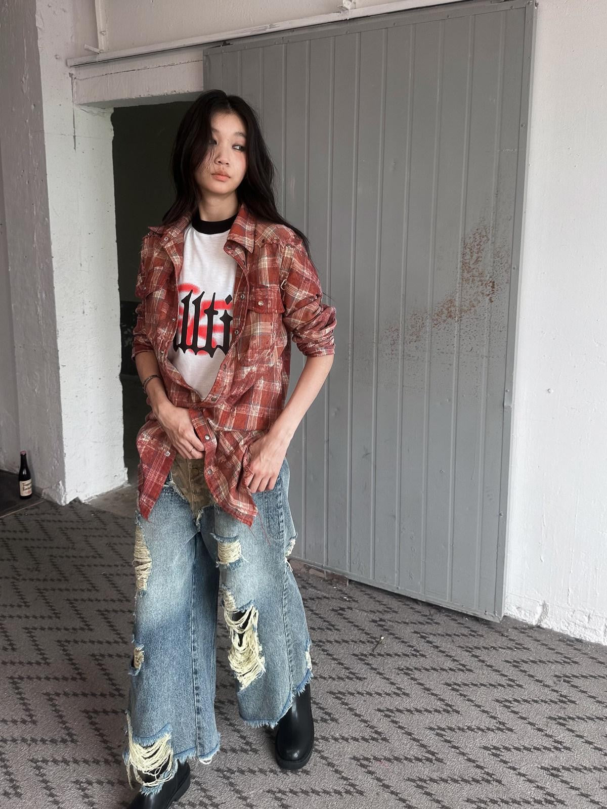 FULLTIDE Washed Blue Studded Checked Tie Dye Workwear Women&