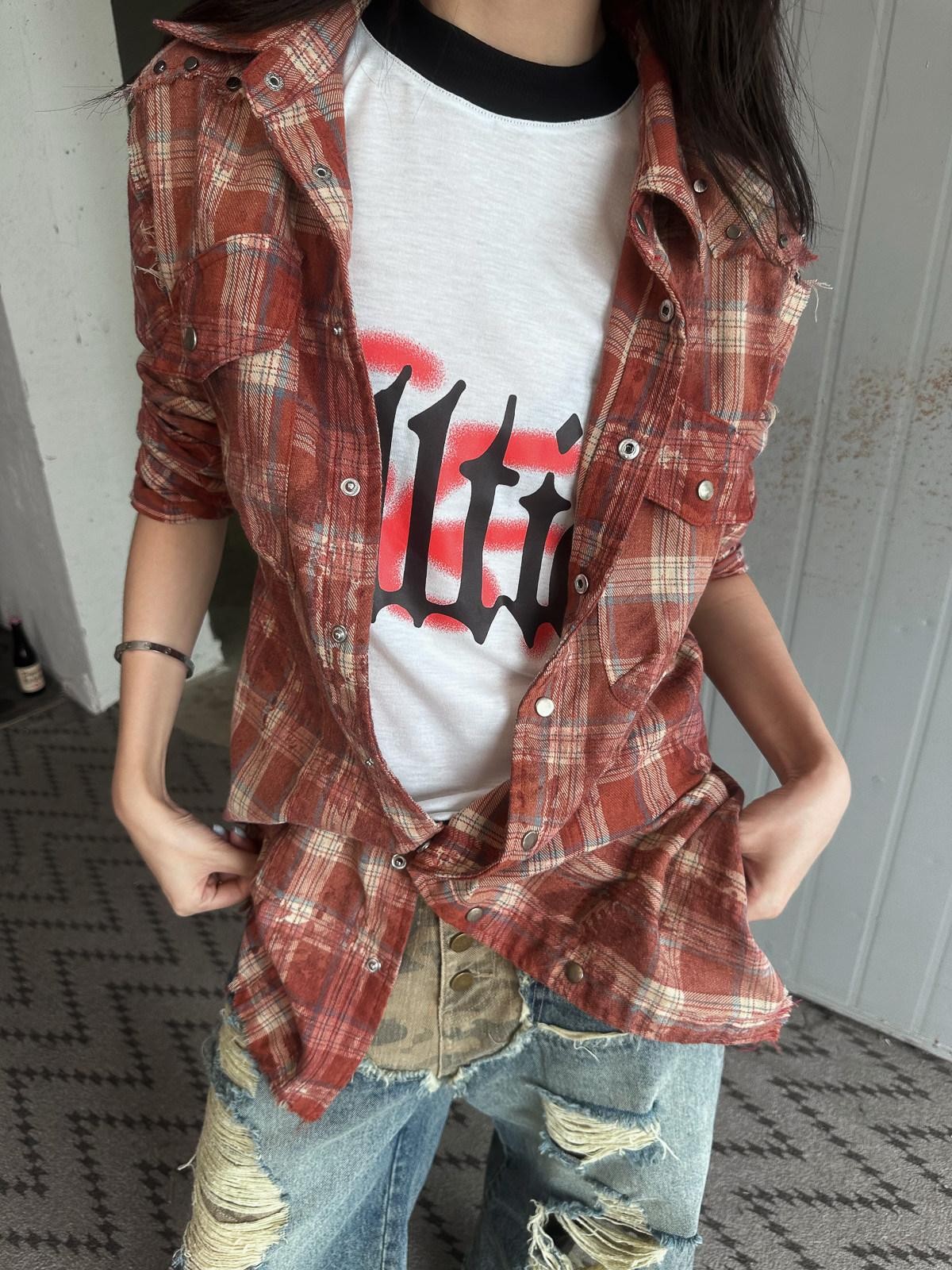 FULLTIDE Washed Blue Studded Checked Tie Dye Workwear Women&