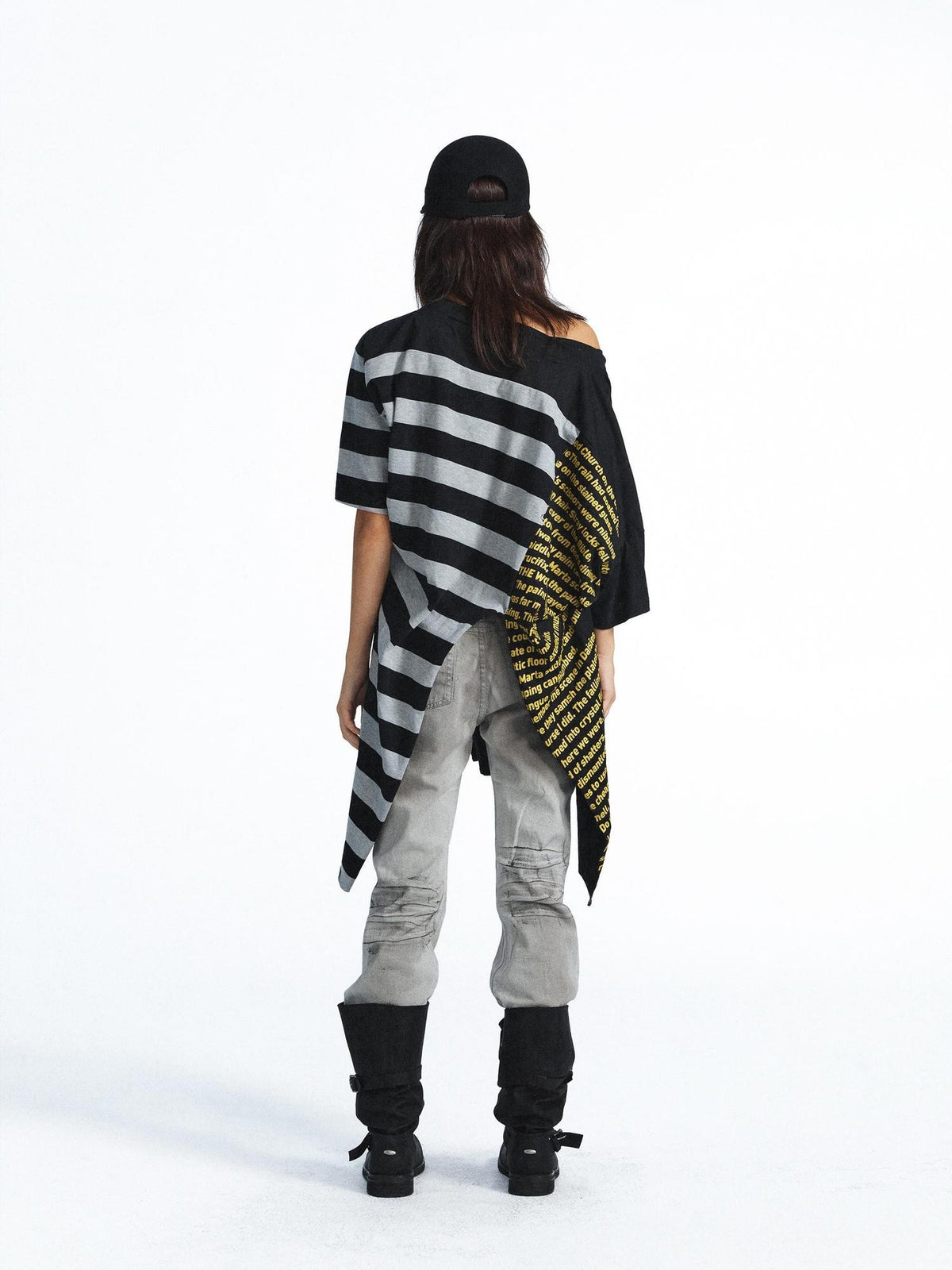 FULLTIDE Washed Distressed Letter Patchwork Asymmetric Women&