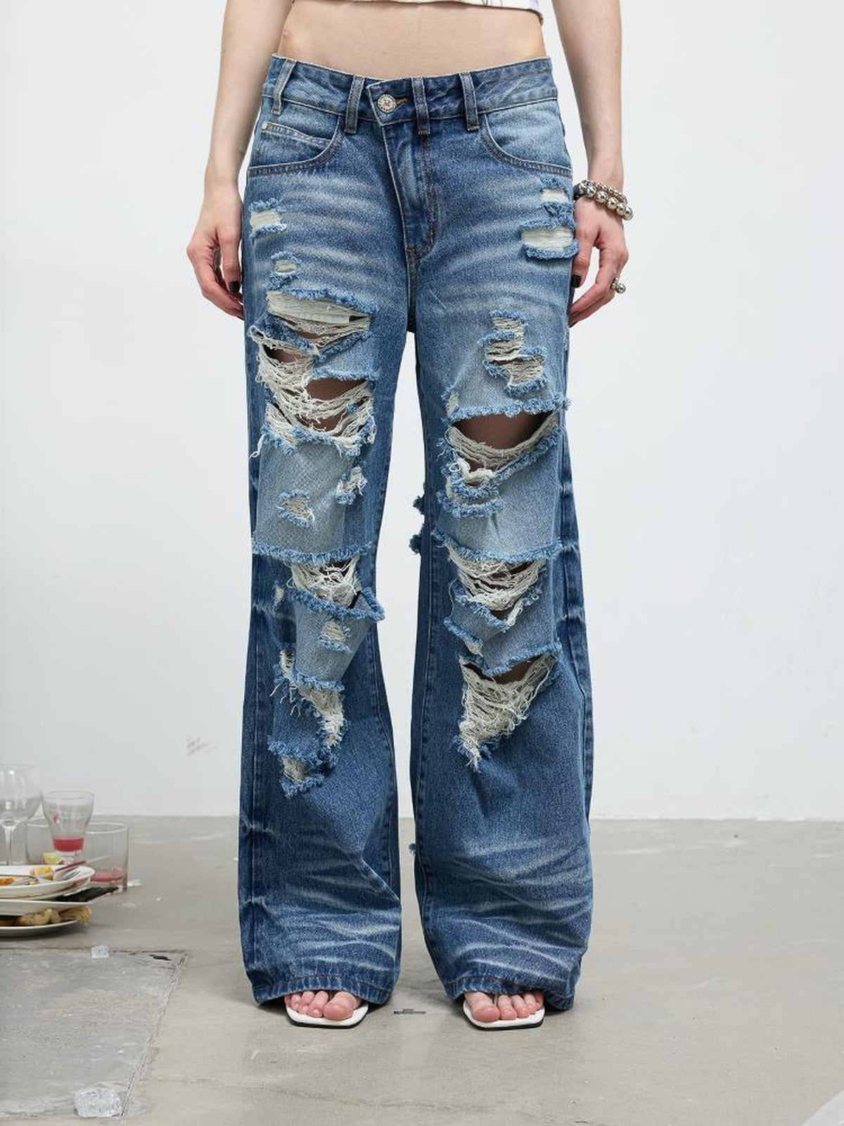 FULLTIDE Washed Distressed Wide Leg Low Rise Women&