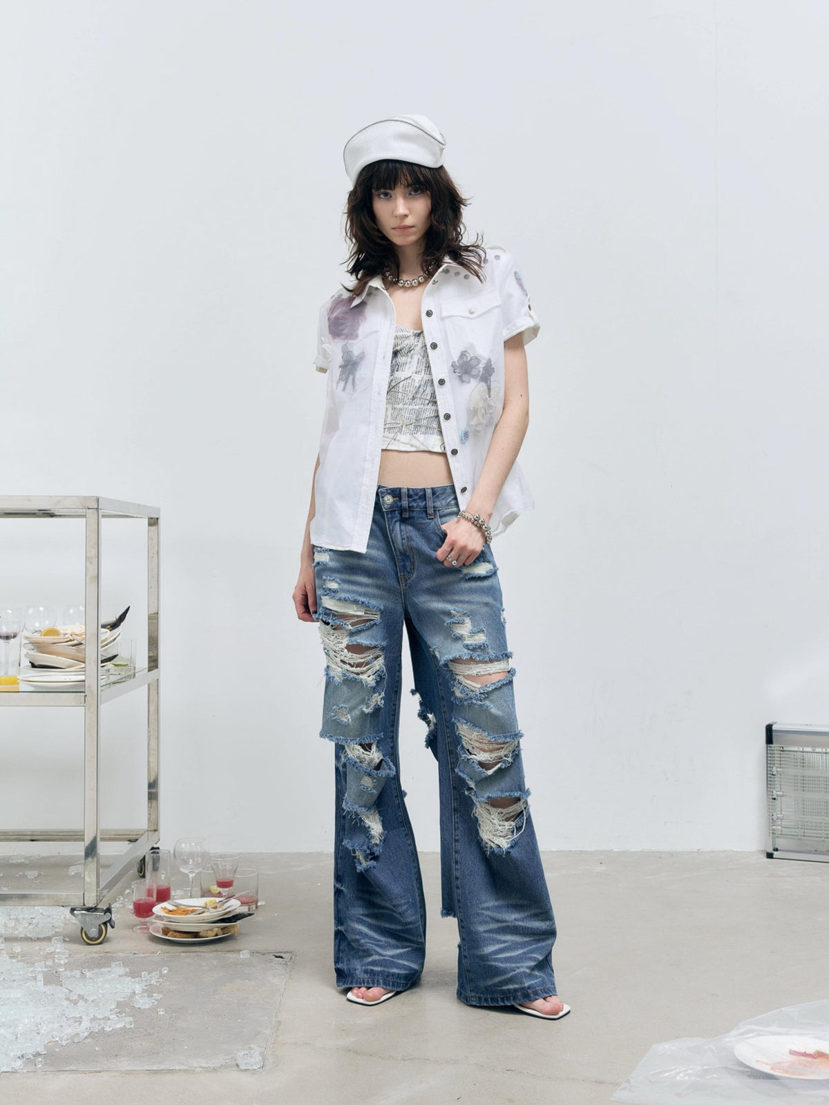 FULLTIDE Washed Distressed Wide Leg Low Rise Women&