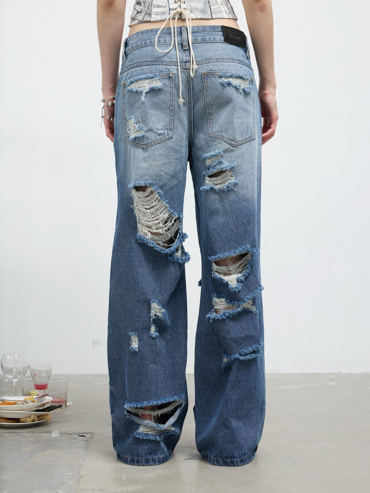 FULLTIDE Washed Distressed Wide Leg Low Rise Women&