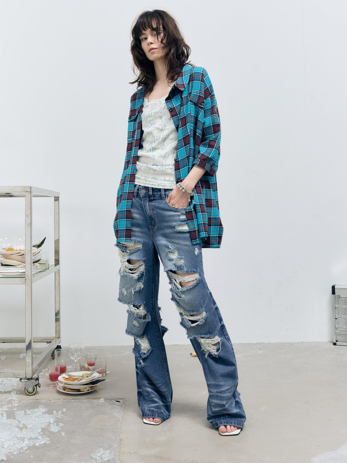 FULLTIDE Washed Distressed Wide Leg Low Rise Women&