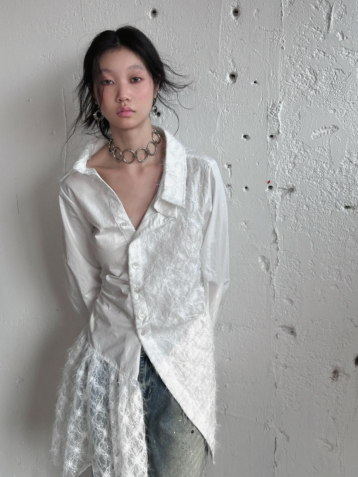 FULLTIDE White Lace Patchwork Irregular Cutout Mid Length Women&