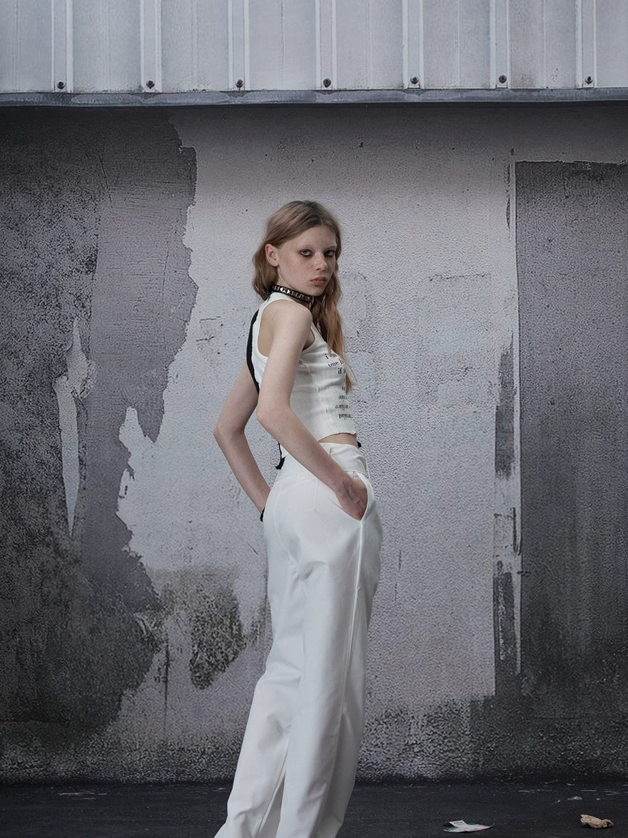 FULLTIDE White Mid Rise Slight Stretch Straight Minimalist Youth Wedding Designer Pants